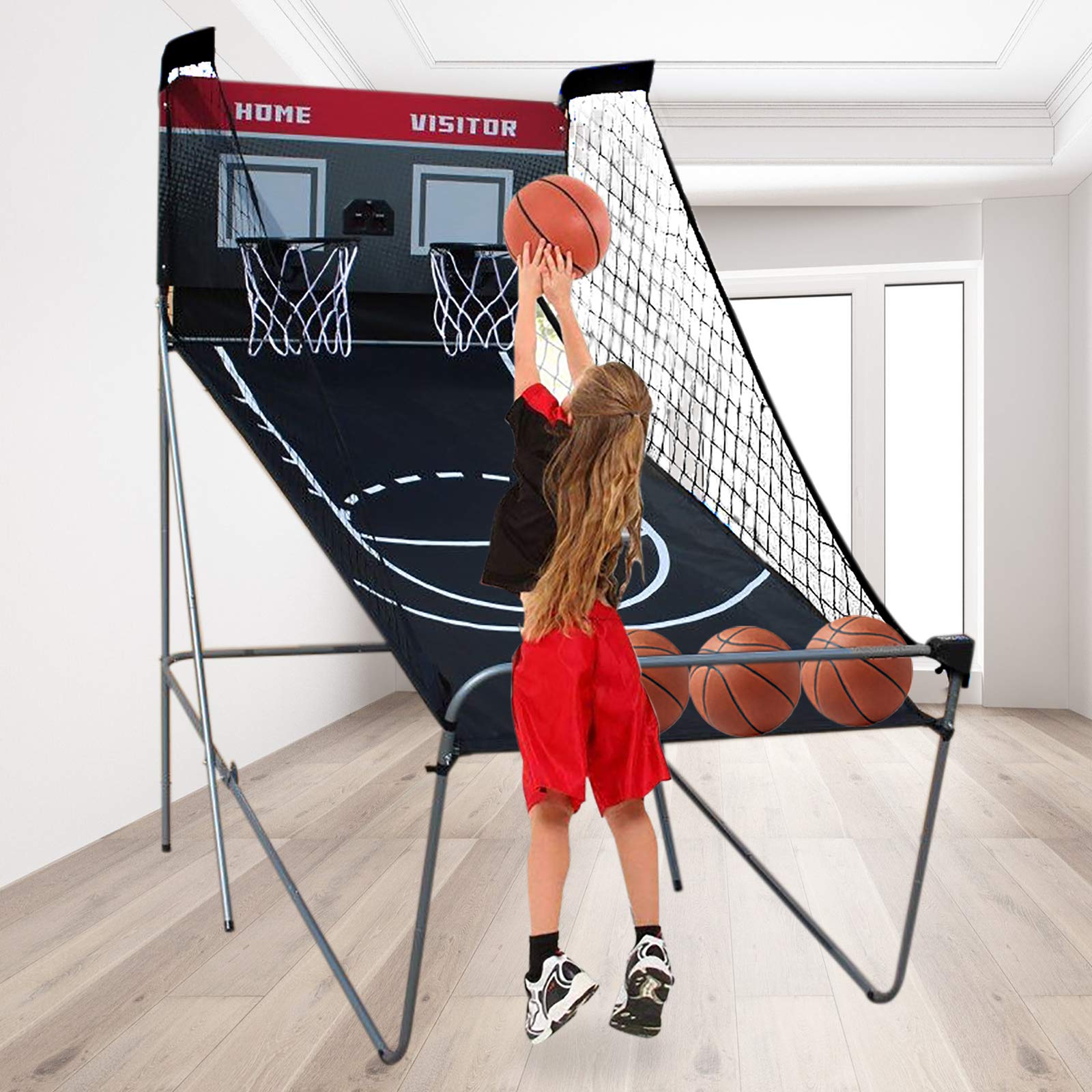 TFCFL Adjustable Height Basketball Hoop & Stand with Score Counter - Foldable Basketball Goal System Includes 4 Balls & Air Pump - Perfect for Indoor/Outdoor Driveway, Backyard, and Gym Training