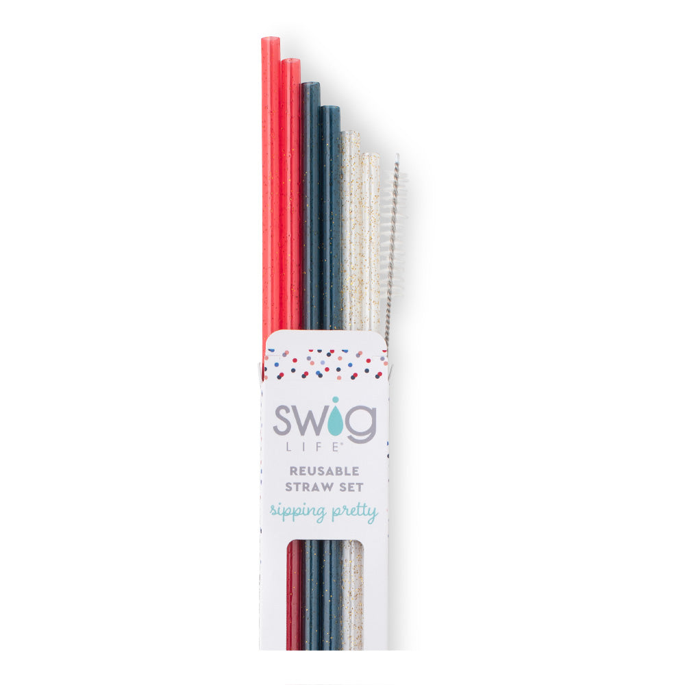 Red, White & Blue Glitter Reusable Straw Set - 12 Pack Eco-Friendly Stainless Steel Drinking Straws for 4th of July, Patriotic Parties & Summer Beverages