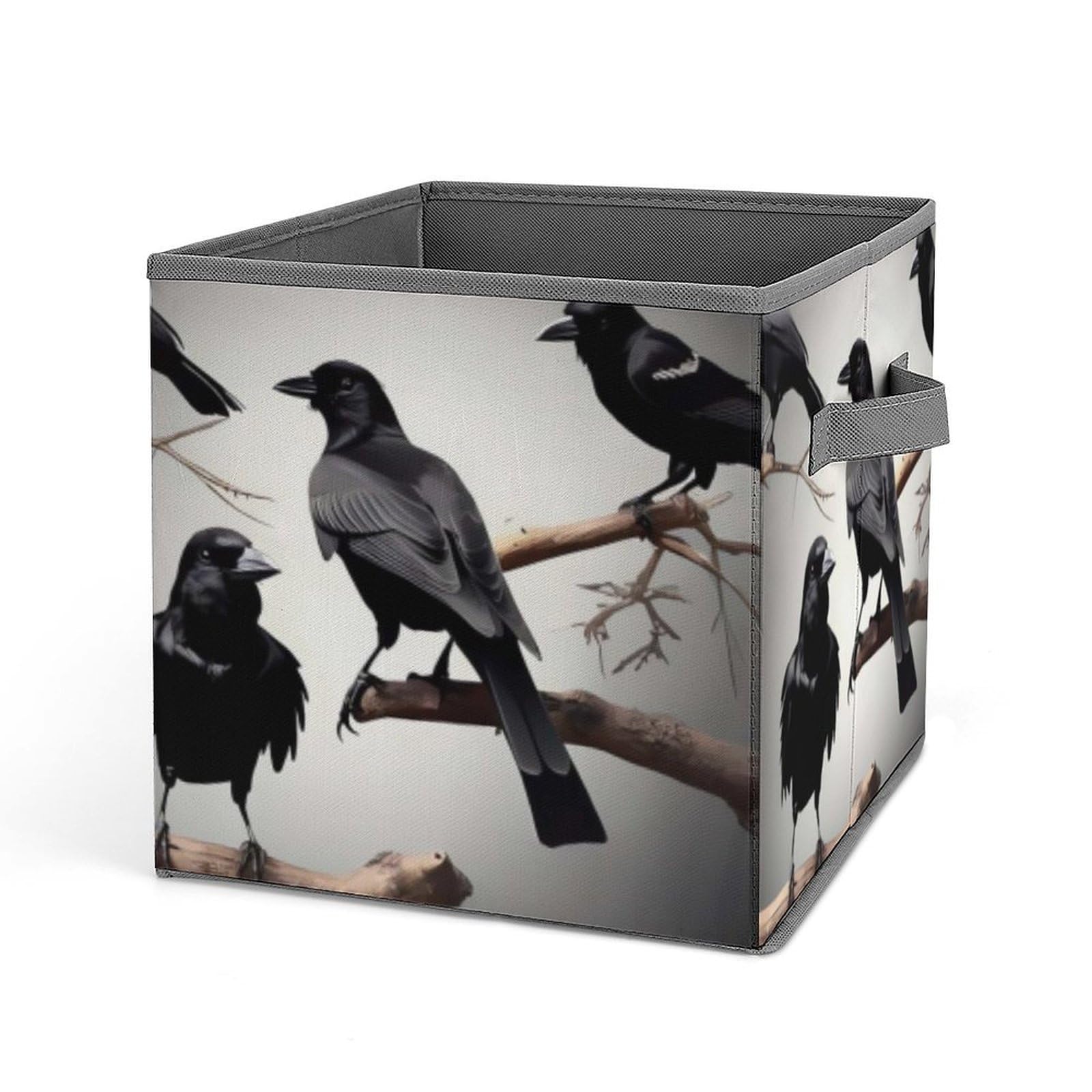 Black Crow Birds on Branch Collapsible Storage Bin - 10.6x10.6x10.6 Inch Large Capacity Fabric Storage Box with Handles | Closet Organizer System for Home, Office, Bedroom & Kids Room Organization