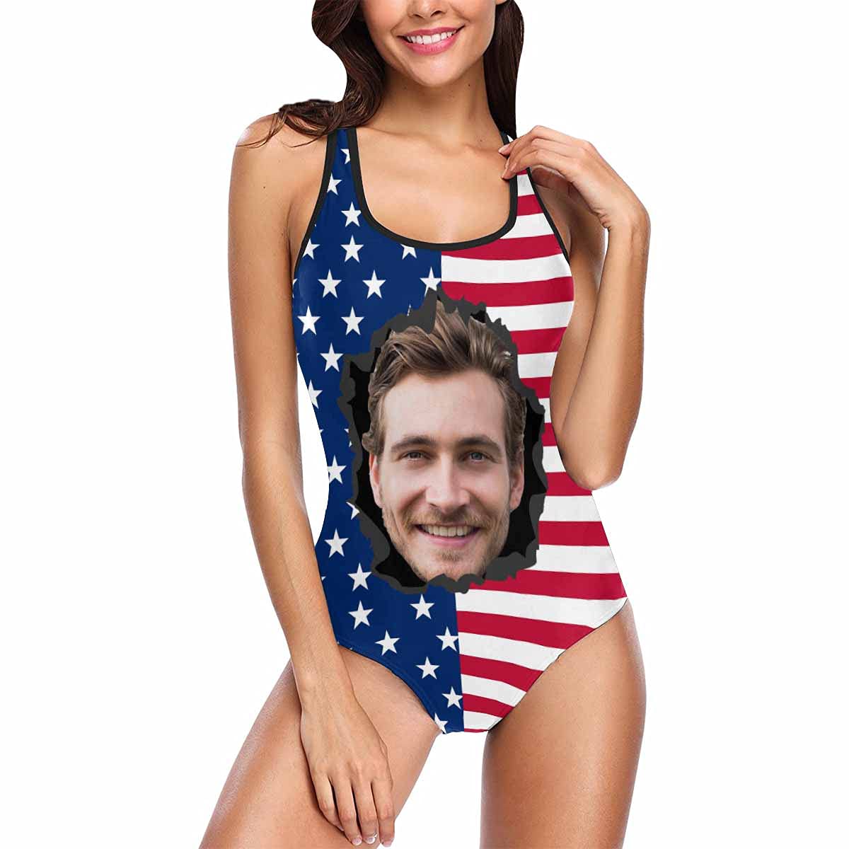 Custom USA Flag Women's One Piece Swimsuit - Funny Face Design for Beach & Pool