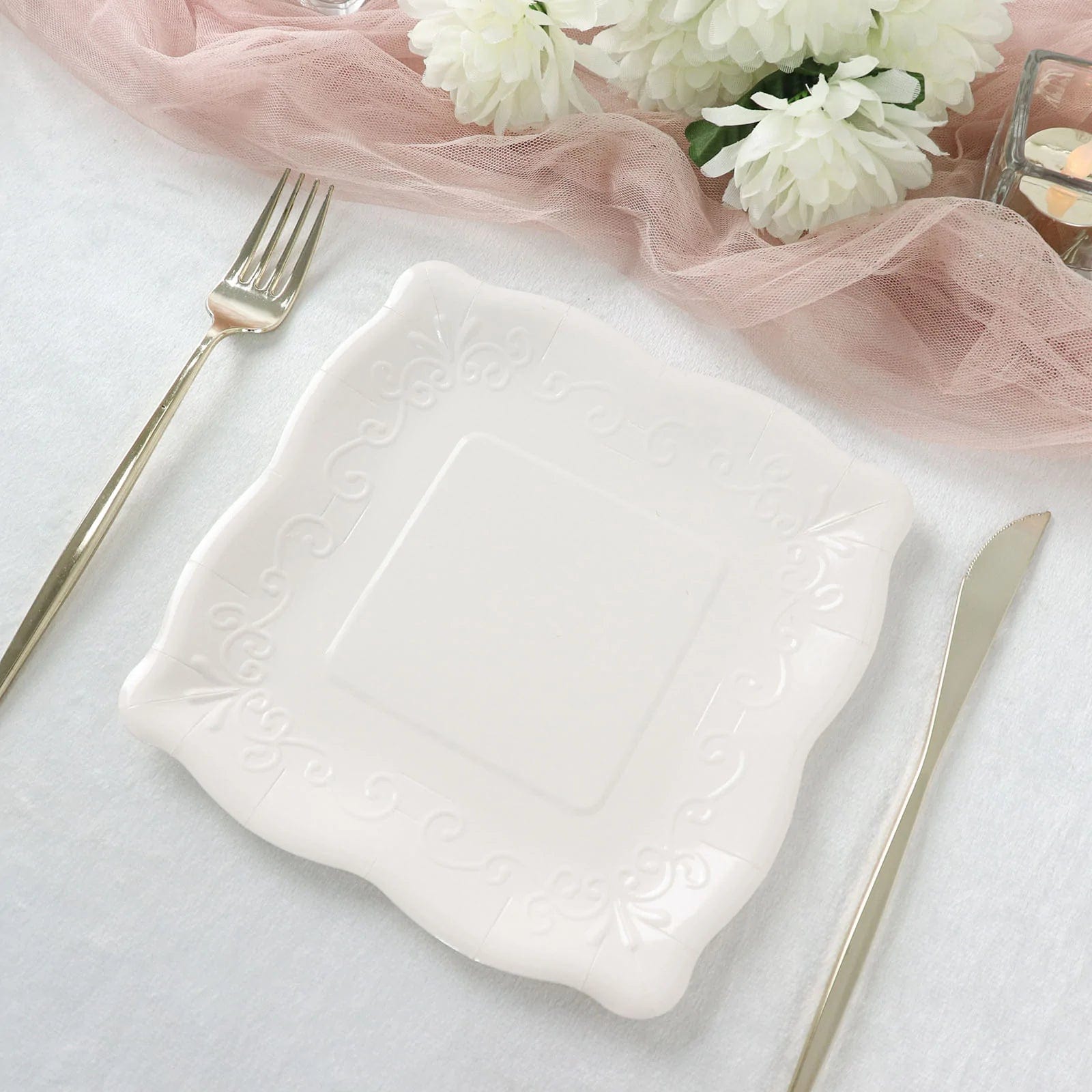 25 Pack Square Disposable Dessert Plates with Elegant Scroll Design - Perfect for Parties, Weddings, and Dinner Events