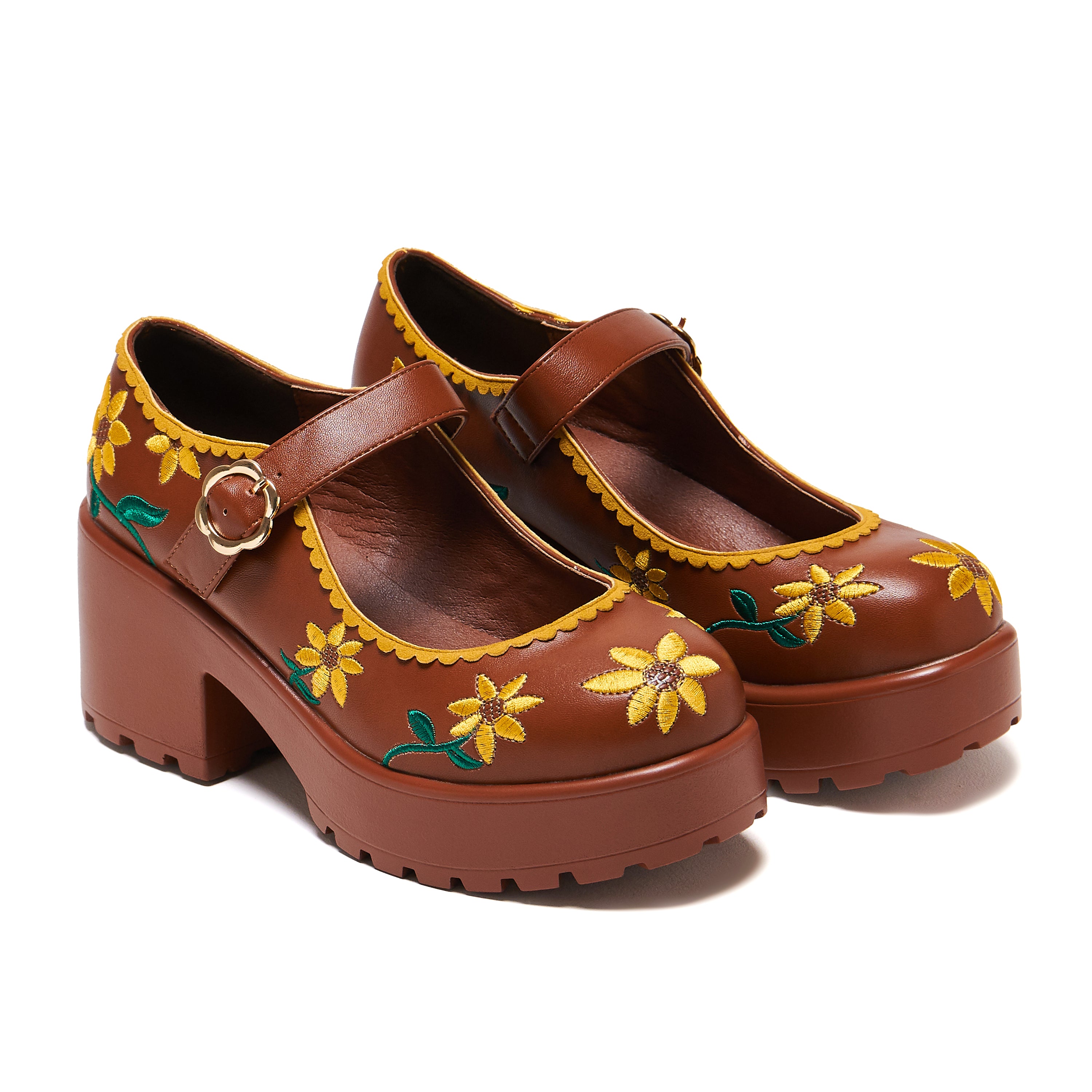 Tira Brown Mary Janes Women's Shoes - Sunflower Edition | Comfortable & Stylish Flats for Work, Casual Wear & Special Occasions