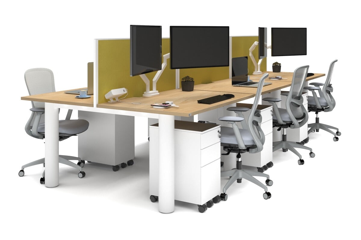 Quadro Cylinder Leg 6-Person Office Workstation Desk - 1400L x 800W with Cable Management Scallop - Modern Open Office Layout, Team Collaboration Space, Shared Workspace Solution