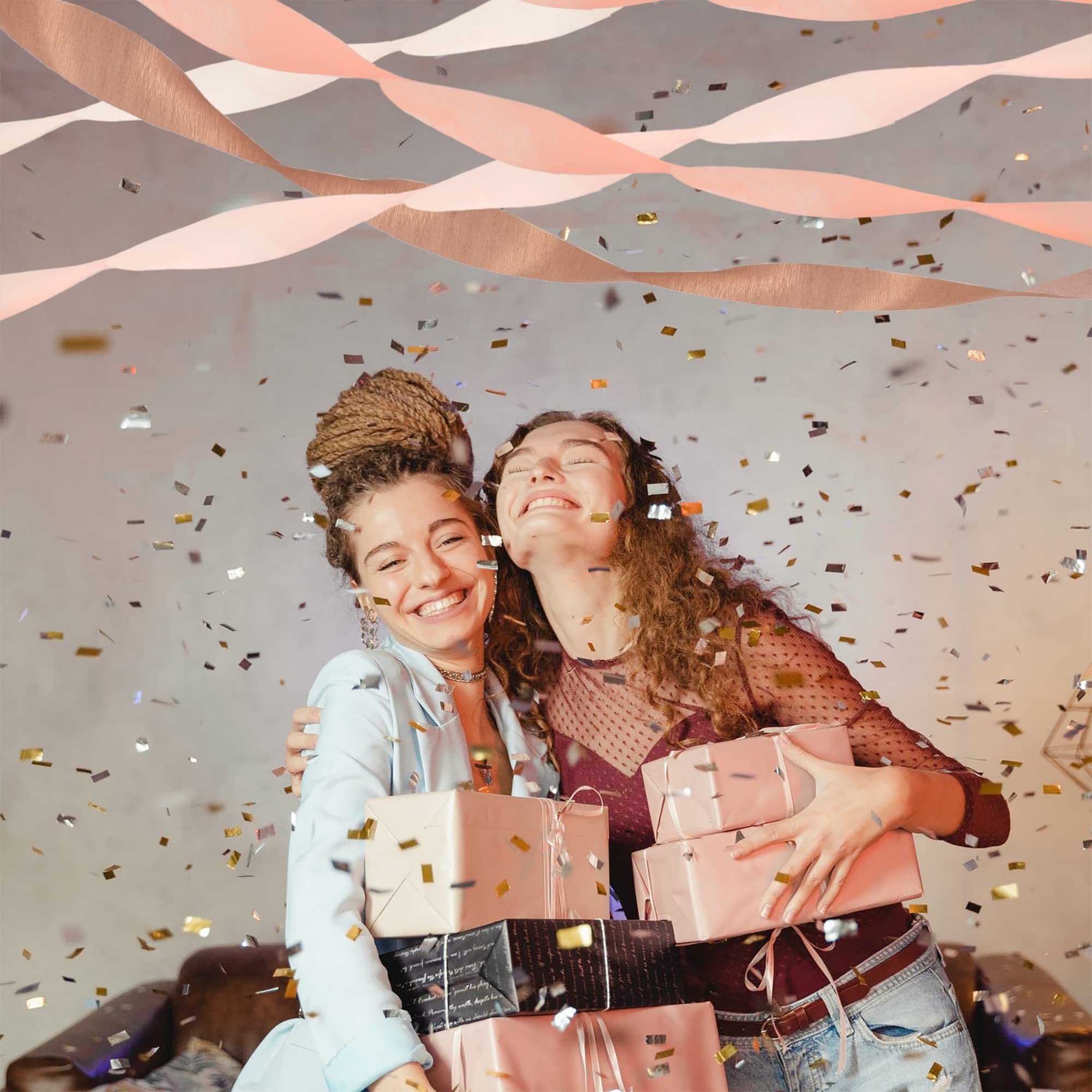 Fonder Mols 12 Rolls Rose Gold & Dusty Pink Crepe Paper Streamers - Elegant Wedding, Bachelorette, Birthday Party Decorations | Perfect for Baby Showers, Bridal Showers & Romantic Party Backdrops