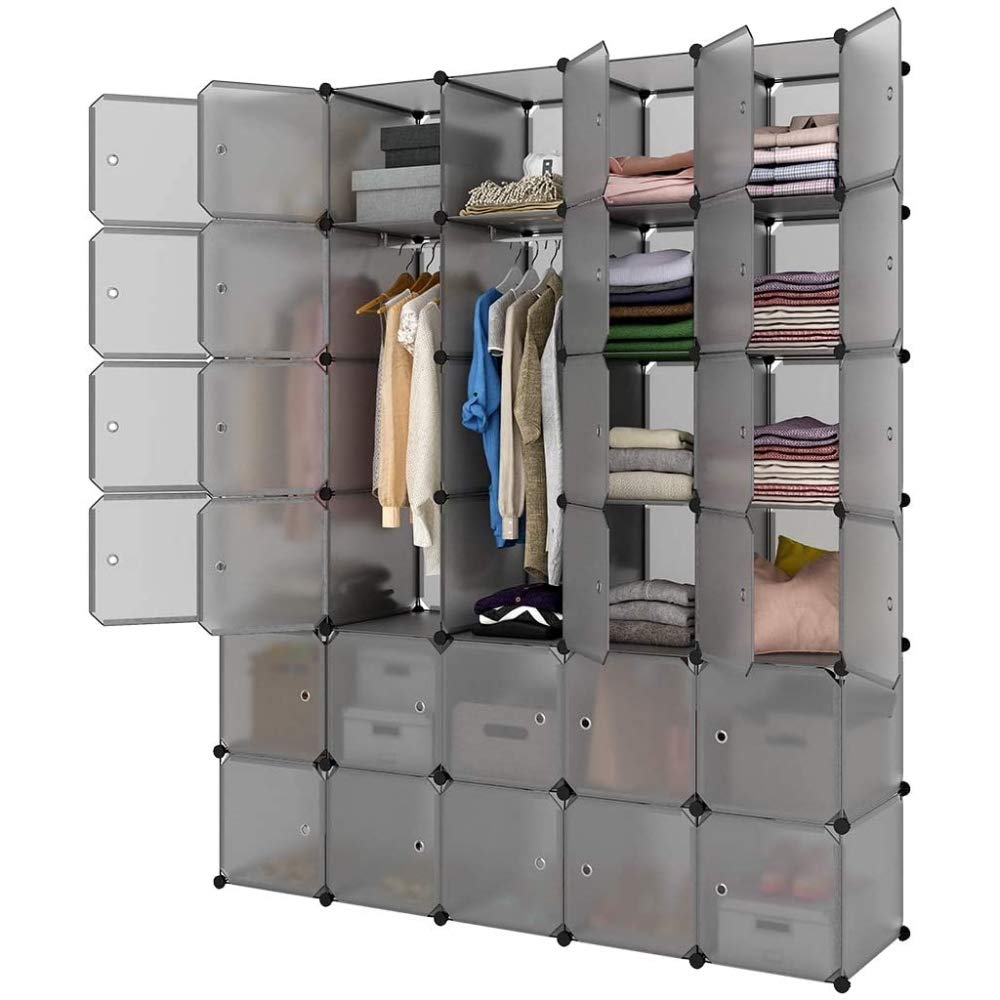 Modular Closet Organizer - 30-Cube Plastic Storage Cabinet with Doors, DIY Wardrobe Shelving System for Clothes, Shoes & Toys | Space-Saving Home Organization for Bedroom, Nursery & Entryway (Gray)