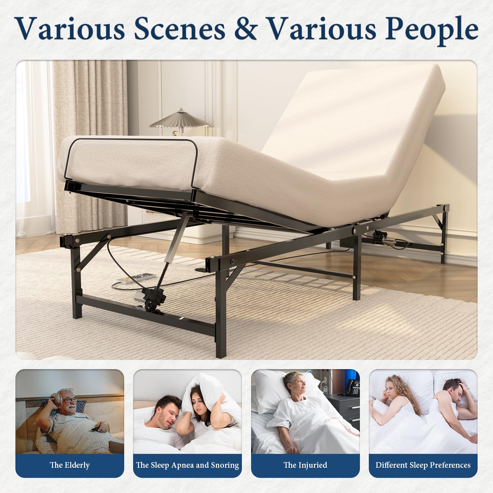 Adjustable Bed Frame Twin XL - Steel Adjustable Base with Independent Head & Foot Incline, Remote Control & Mattress Stopper - Perfect for Home, Office, and Hospital Use