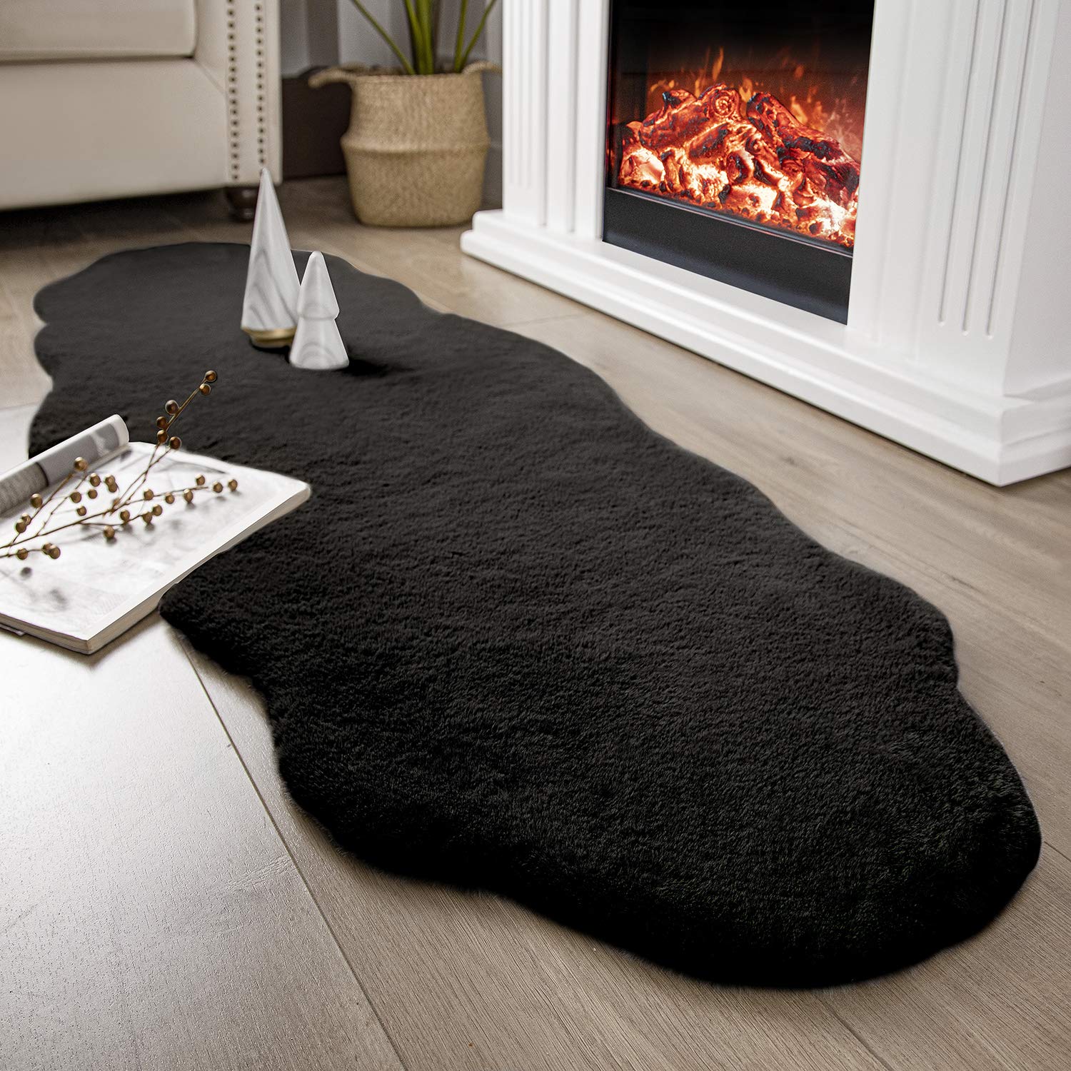 Ashler HOME DECO Ultra Soft Faux Rabbit Fur Throw Blanket - 2x6 Feet Black Furry Area Rug for Couch, Chair & Floor - Cozy Bedroom & Living Room Decor - Perfect for Winter Warmth & Home Styling