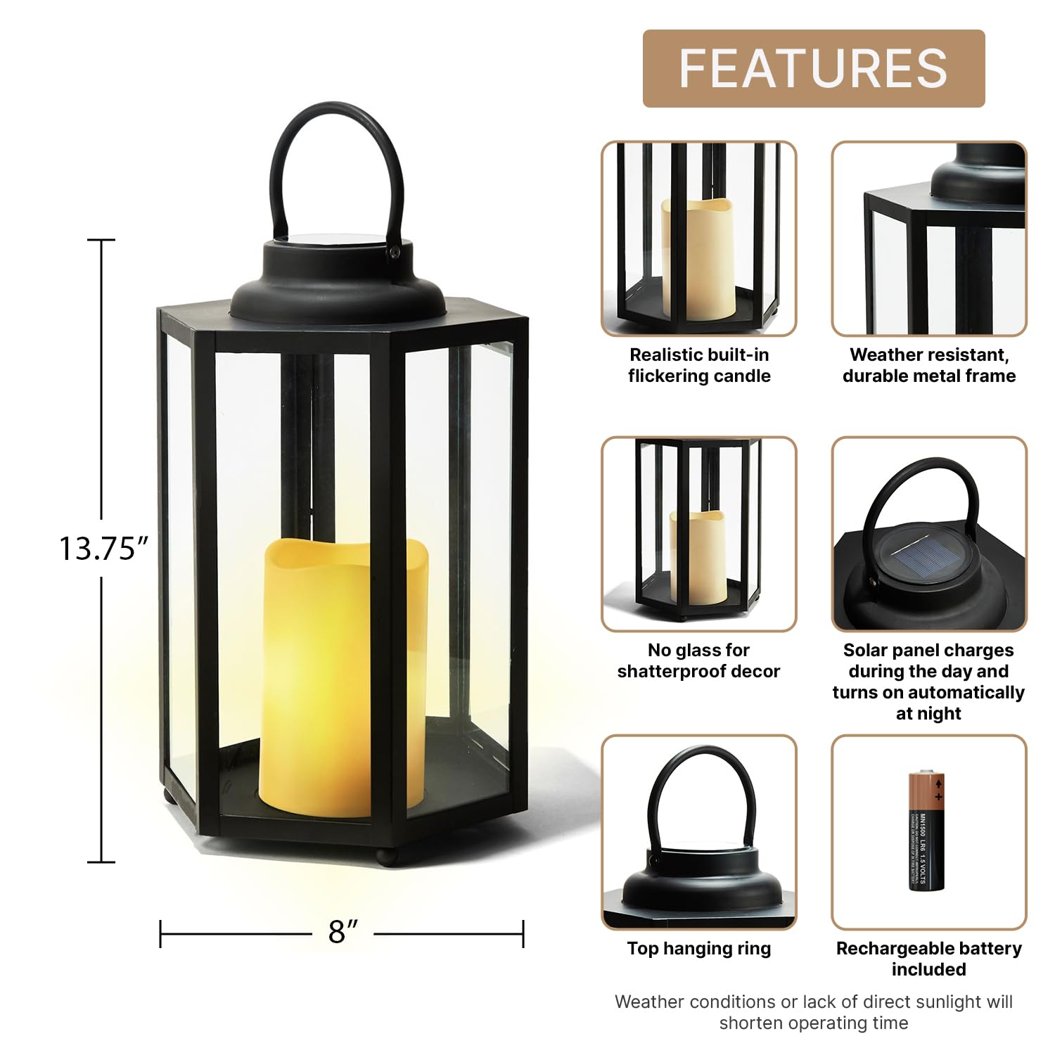 Outdoor Solar Powered Decorative Lantern with Flameless Candle - 14 Inch Black Metal & Glass Waterproof Hanging Light for Porch, Garden, Patio - Perfect for Evening Ambiance, Wedding Decor & Holiday Lighting