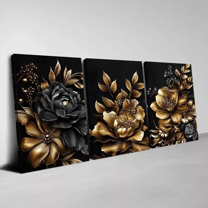 3-Piece Golden and Black Flower Art Set - Framed Canvas Wall Decor 50x70cm | High Quality Print | 100% Australian Made | Ready to Hang | Perfect for Living Room, Bedroom & Office Decoration