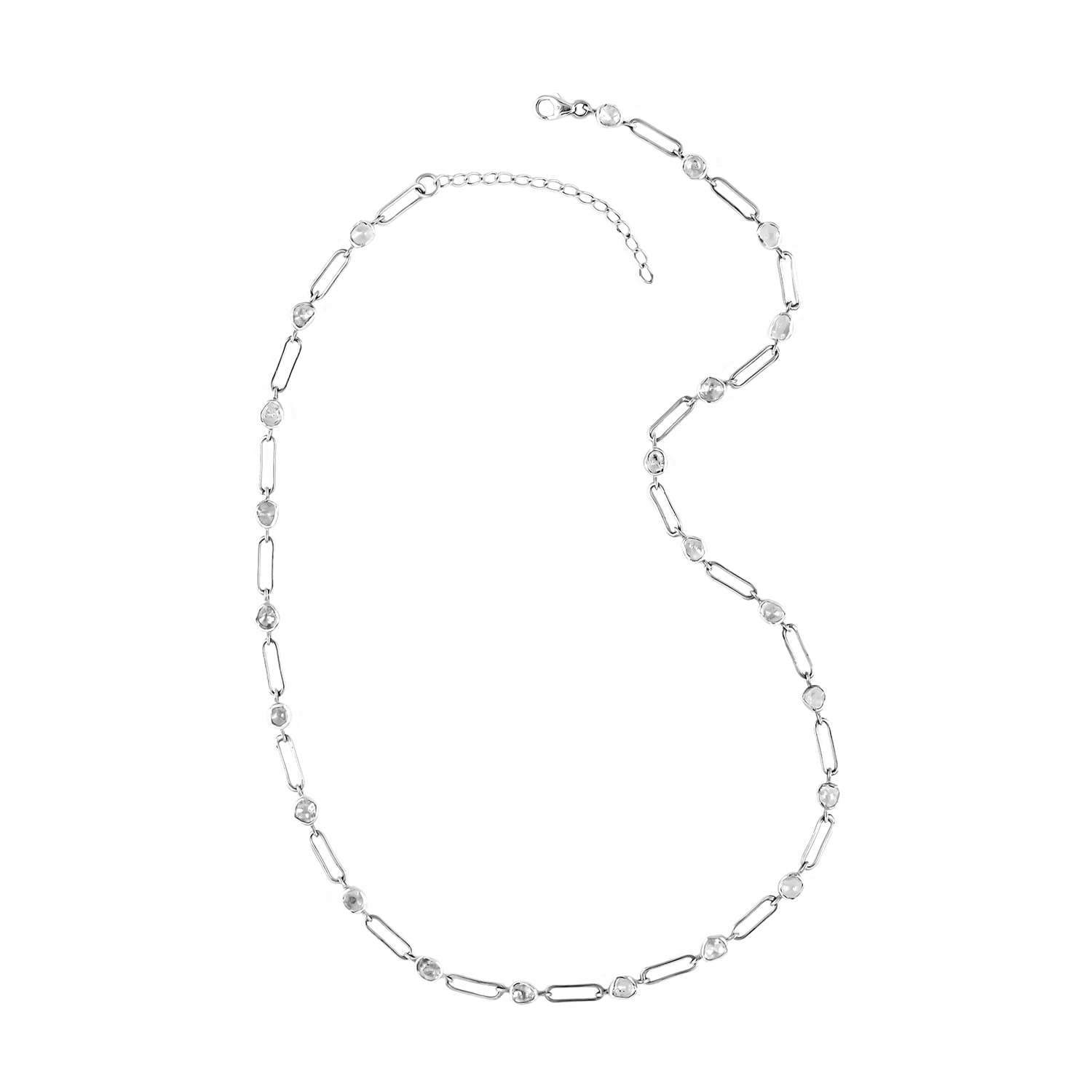 925 Sterling Silver White Polki Diamond Paper Clip Necklace for Women - 18