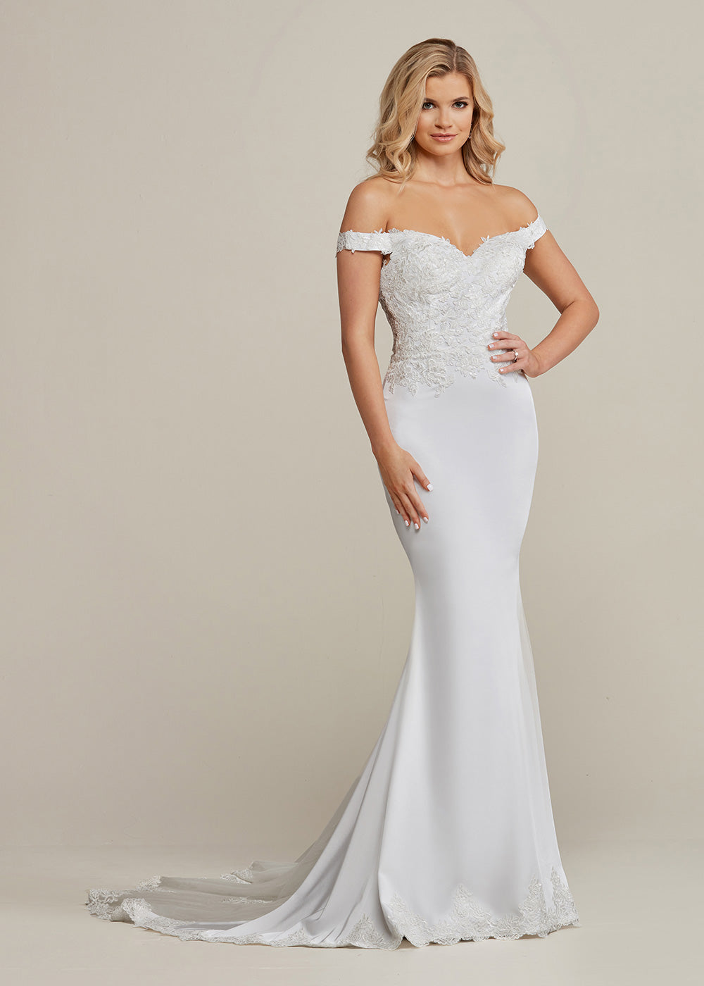 Journee Off-The-Shoulder Satin Wedding Dress with Lace Bodice - A-Line Fit & Flare Bridal Gown for Beach, Garden & Formal Weddings