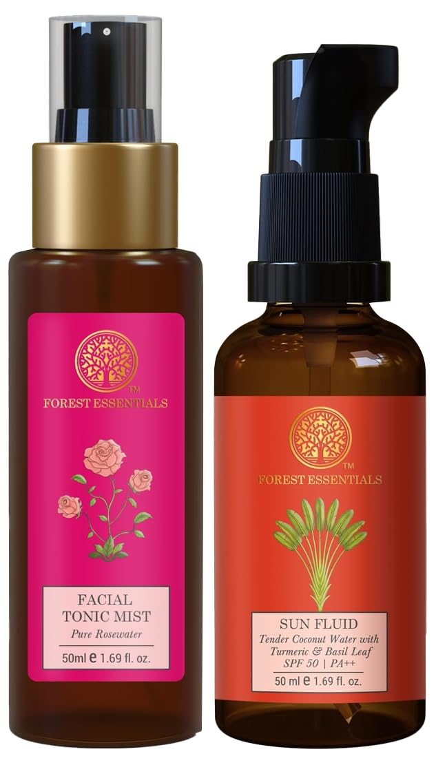 Forest Essentials SUN FLUID SPF 50 PA++ with Tender Coconut Water, Turmeric & Basil Leaf (50ml) + Travel Size Pure Rosewater Facial Tonic Mist (50ml) Combo - Hydrating Sunscreen & Refreshing Face Mist for Daily Skincare & On-the-Go Protection