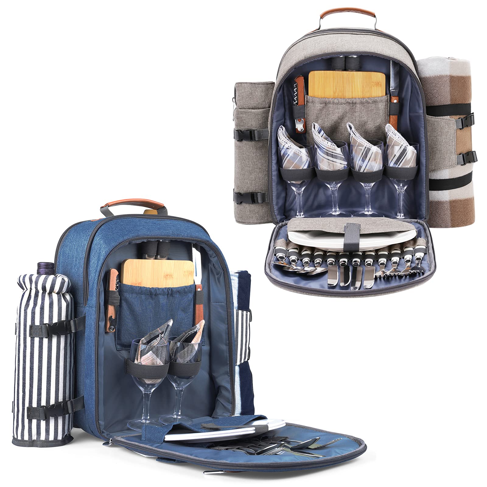 **Sunflora Insulated Picnic Backpack for 4 People – Portable Cooler Compartment, Durable & Spacious (Brush Beige & Blue Stripe) – Perfect for Beach Trips, Camping, and Outdoor Adventures**