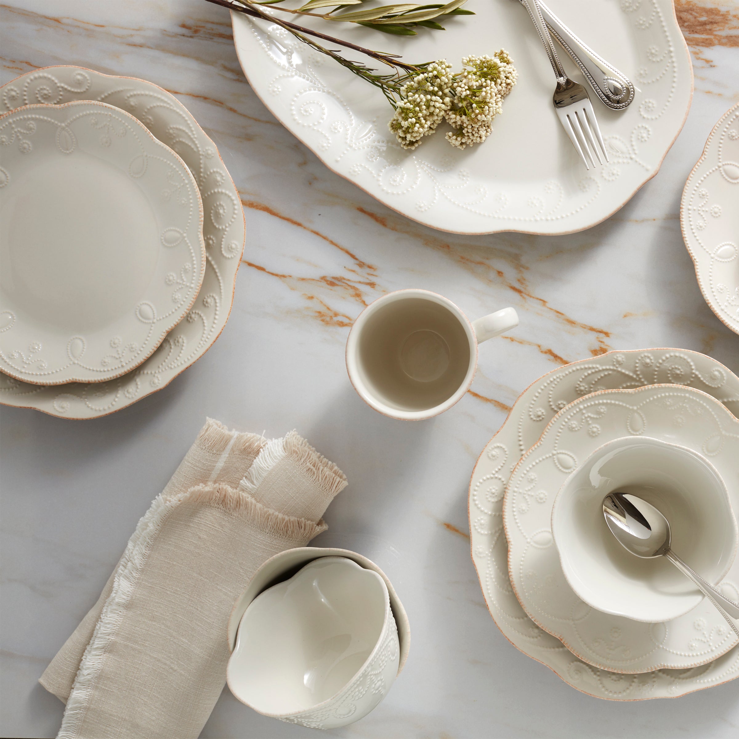 French Pearl White 4-Piece Dinner Plate Set - Elegant Tableware for Fine Dining, Wedding, and Special Occasions