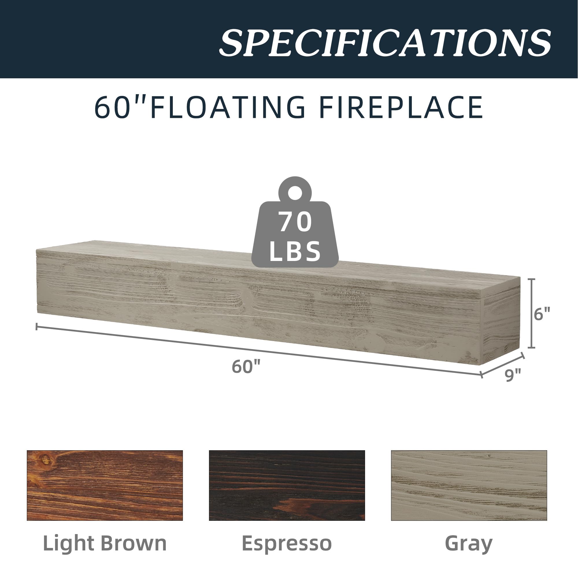 Rustic Solid Wood Fireplace Mantel Shelf - 60 Inch Floating Wall Mounted Farmhouse Decor with Heavy Duty Invisible Metal Bracket (Gray) - Perfect for Living Room, Bedroom & Home Office Display