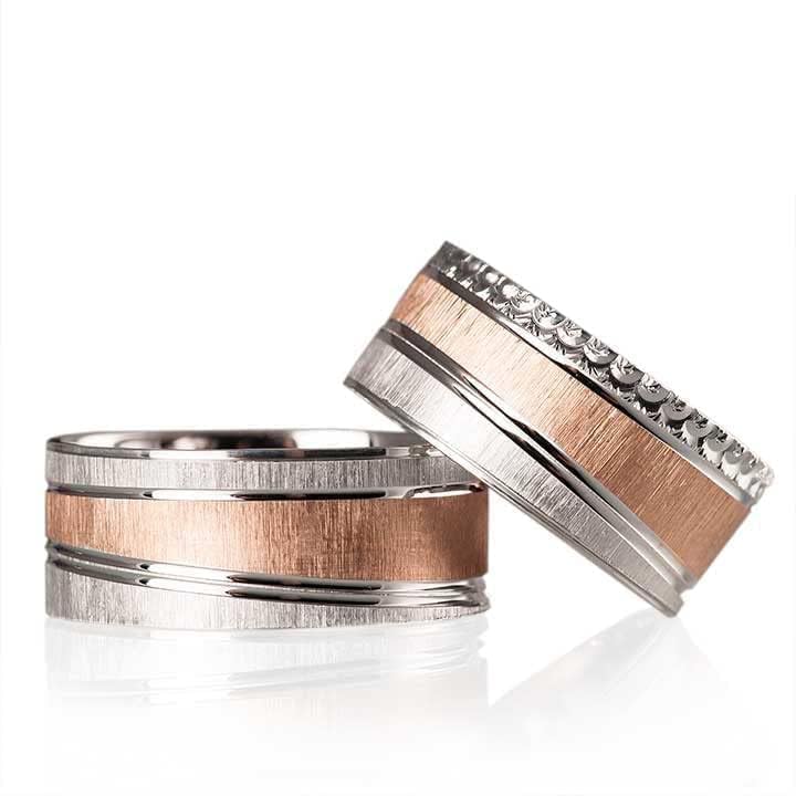 Rose Gold & Silver Matching Wedding Ring Set for Couples - Personalized Engraved Bands for Engagement, Anniversary & Bridal Jewelry Gifts