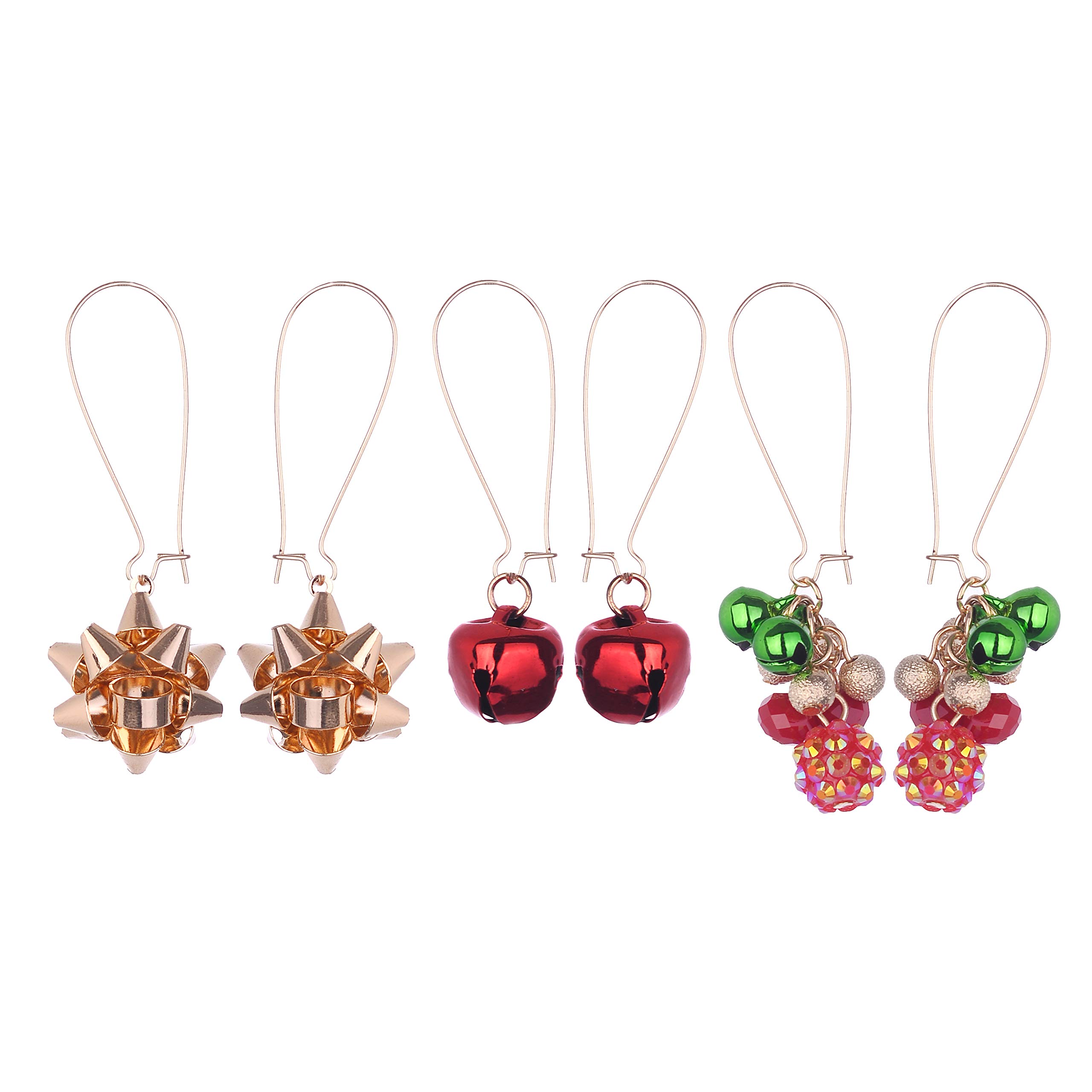 Lux Accessories Christmas Red Green Bells Gold Gift Ribbon Drop Earrings (3pc) - Perfect for Holiday Parties & Festive Gatherings