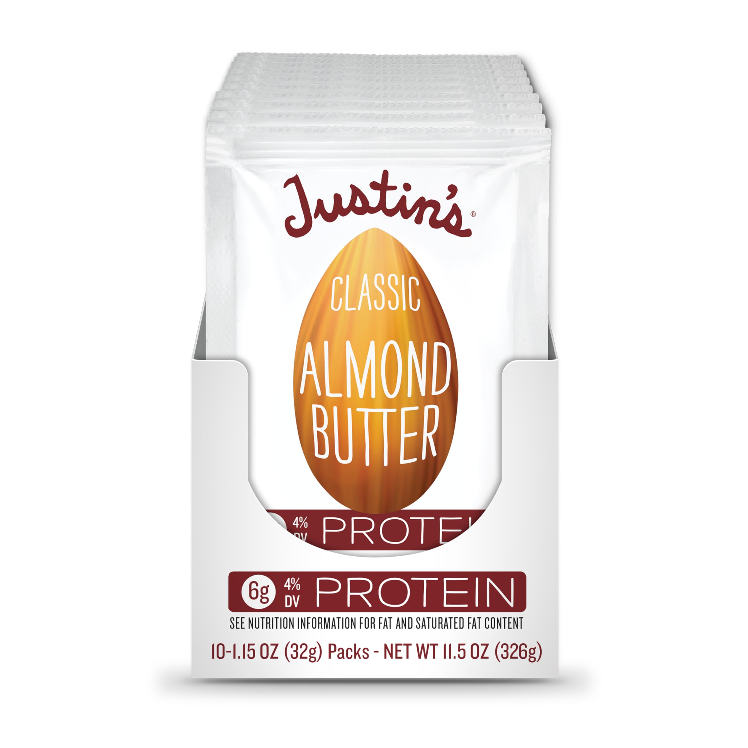 Justin's Classic Gluten-Free Almond Butter Squeeze Packs, 1.15oz (10 Pack) - Healthy On-The-Go Snack for Hiking, School Lunches & Keto Diet