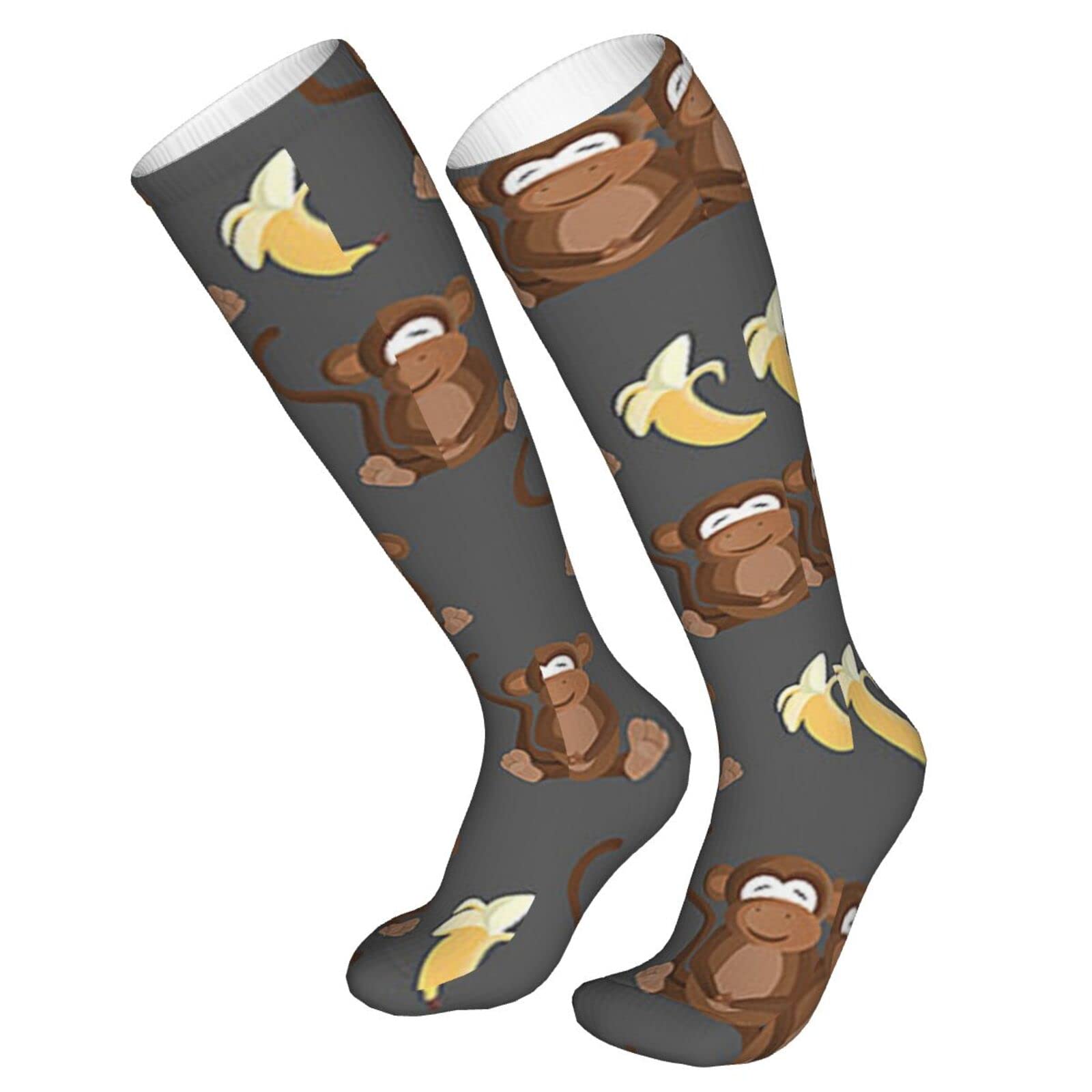 Women's & Men's Cotton Knee High Socks - Soft Cushioned Compression Crew Socks with Fun Banana Monkey Design for Work, Casual Wear & Sports