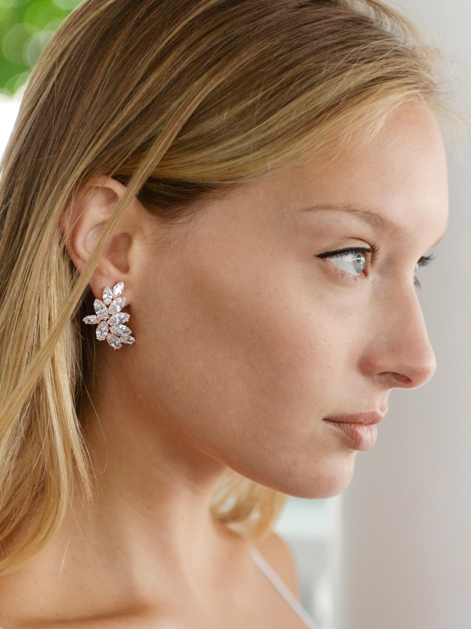 Rose Gold Clip-On Cubic Zirconia Crystal Bridal Earrings - Marquise Cut CZ Cluster Non-Pierced Earrings for Weddings, Bridesmaids, Prom & Special Occasions | Perfect for Bridal Party, Mother of the Bride & Formal Events