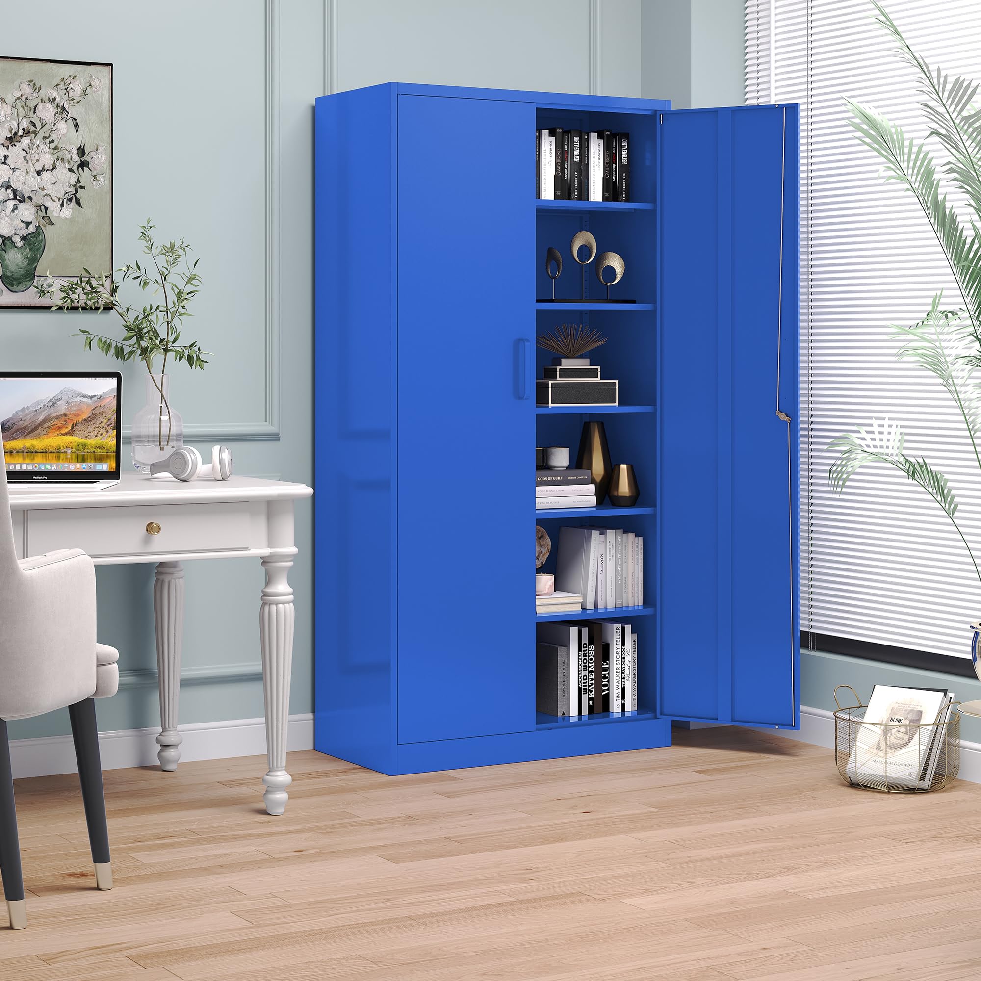 Blue Steel Storage Cabinet with Lock - Tall Metal Cabinet with Adjustable Shelves & Door for Garage, Home Office, Pantry, School, Hospital | Secure Storage for Tools, Files, Supplies & More