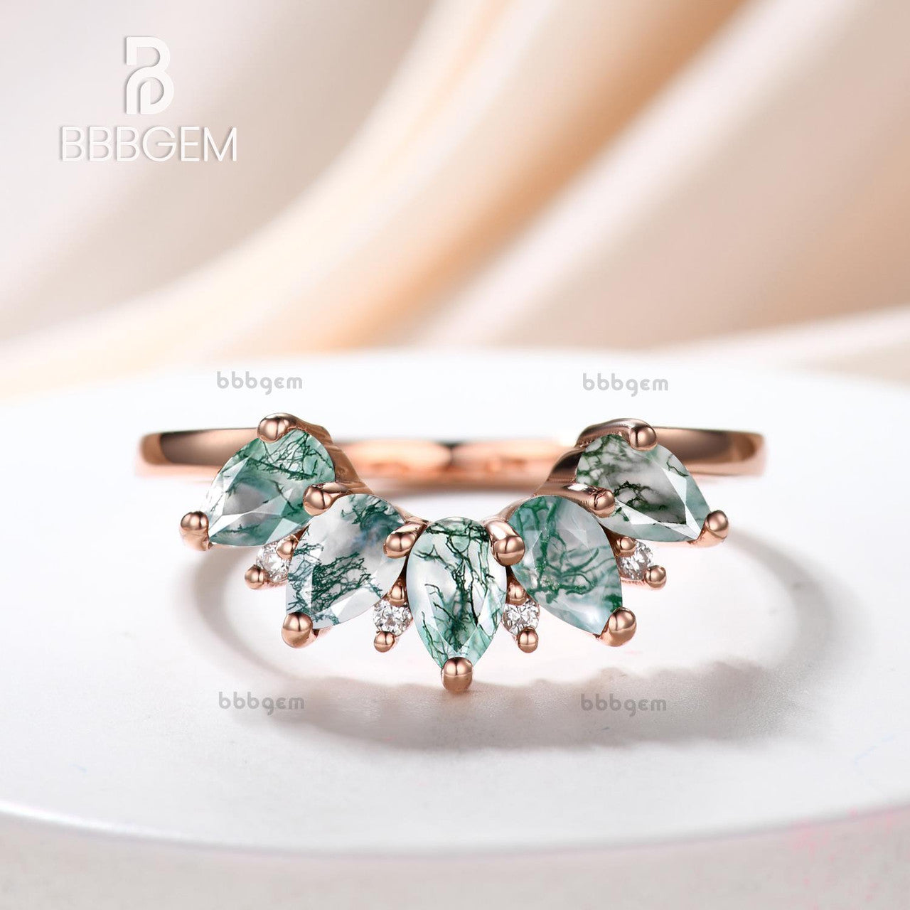 Natural Moss Agate & Moissanite Diamond Engagement Ring - Curved Five Stone Pear Design in Sterling Silver for Wedding, Proposal & Anniversary Gifts