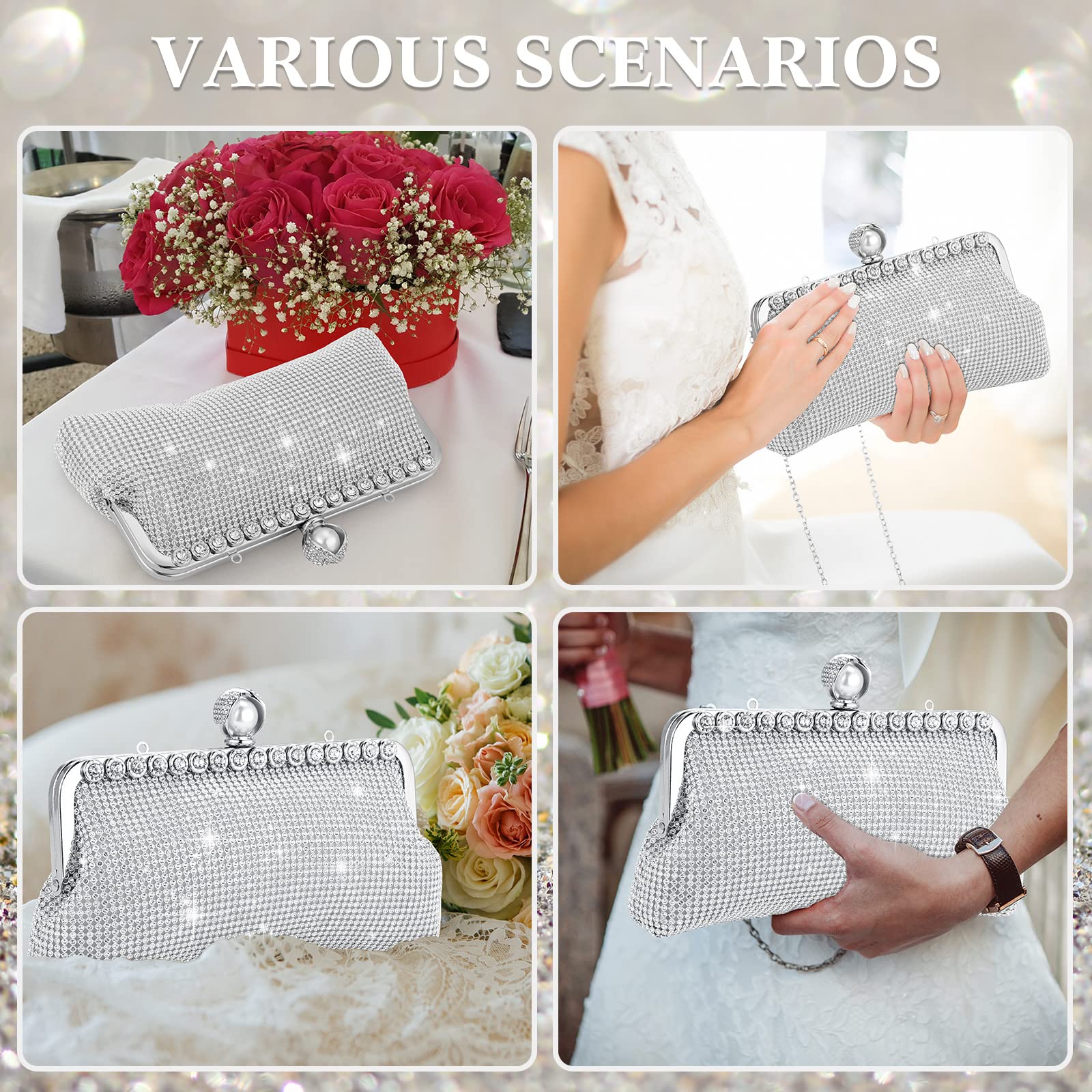 Sparkling Rhinestone Evening Clutch Purse for Women - Double Sided Glitter Handbag with Chain Strap, Crossbody & Shoulder Bag for Wedding, Party, Prom, Date Night & Special Occasions