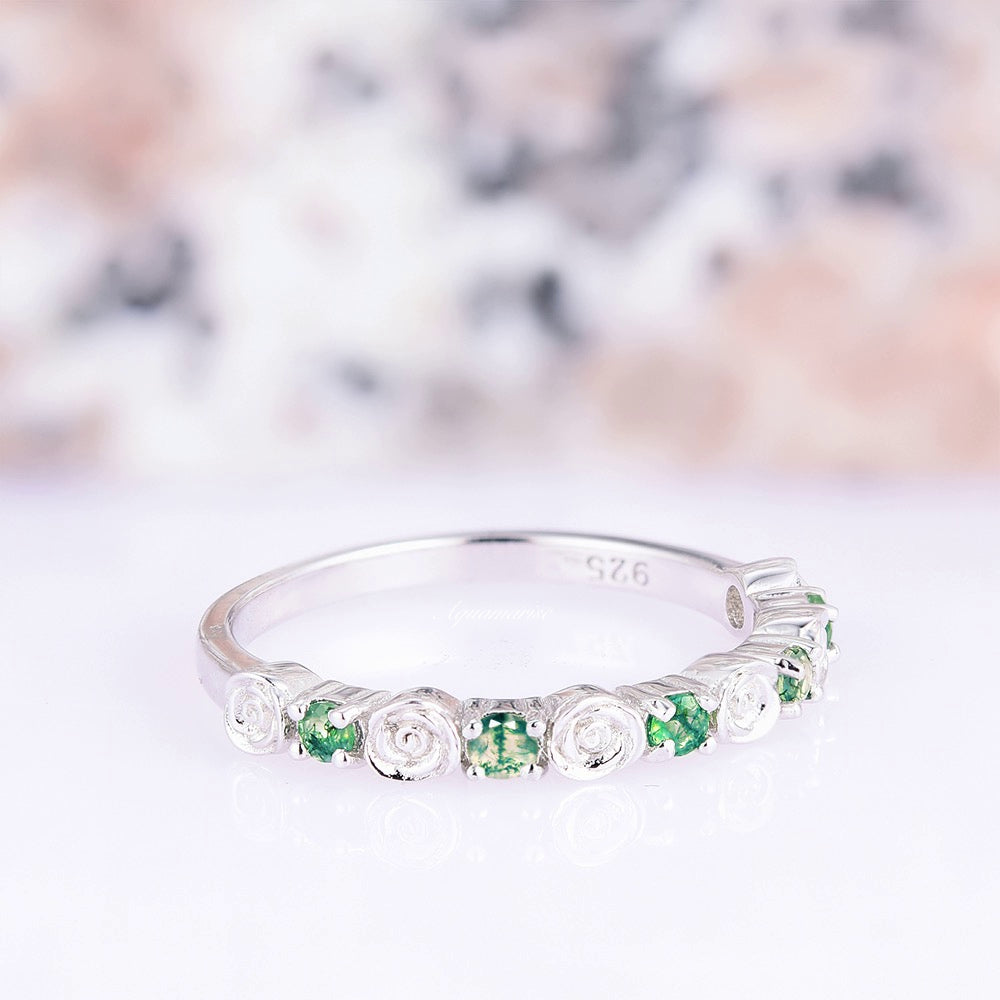 Natural Green Moss Agate Rose Wedding Band Ring - Sterling Silver 925 for Women - Elegant Bridal Jewelry, Anniversary Gift, Boho Engagement Ring for Outdoor & Beach Weddings