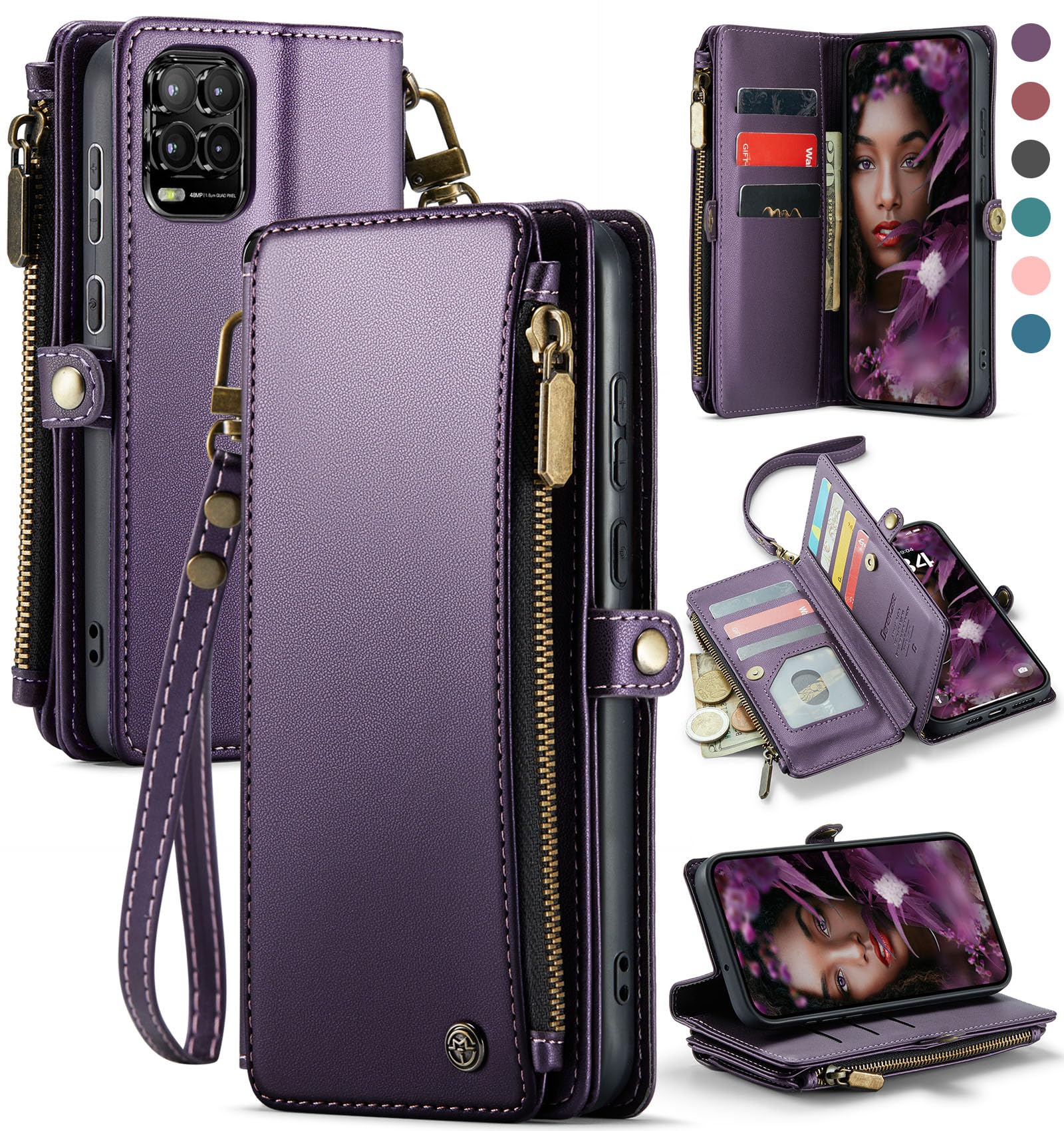 Defencase RFID Blocking Wallet Case for Motorola Moto G Stylus 5G (2021) - Premium PU Leather Magnetic Flip Cover with Card Holder & Zipper Pocket - Perfect for Everyday Use, Travel & Business (Purple)