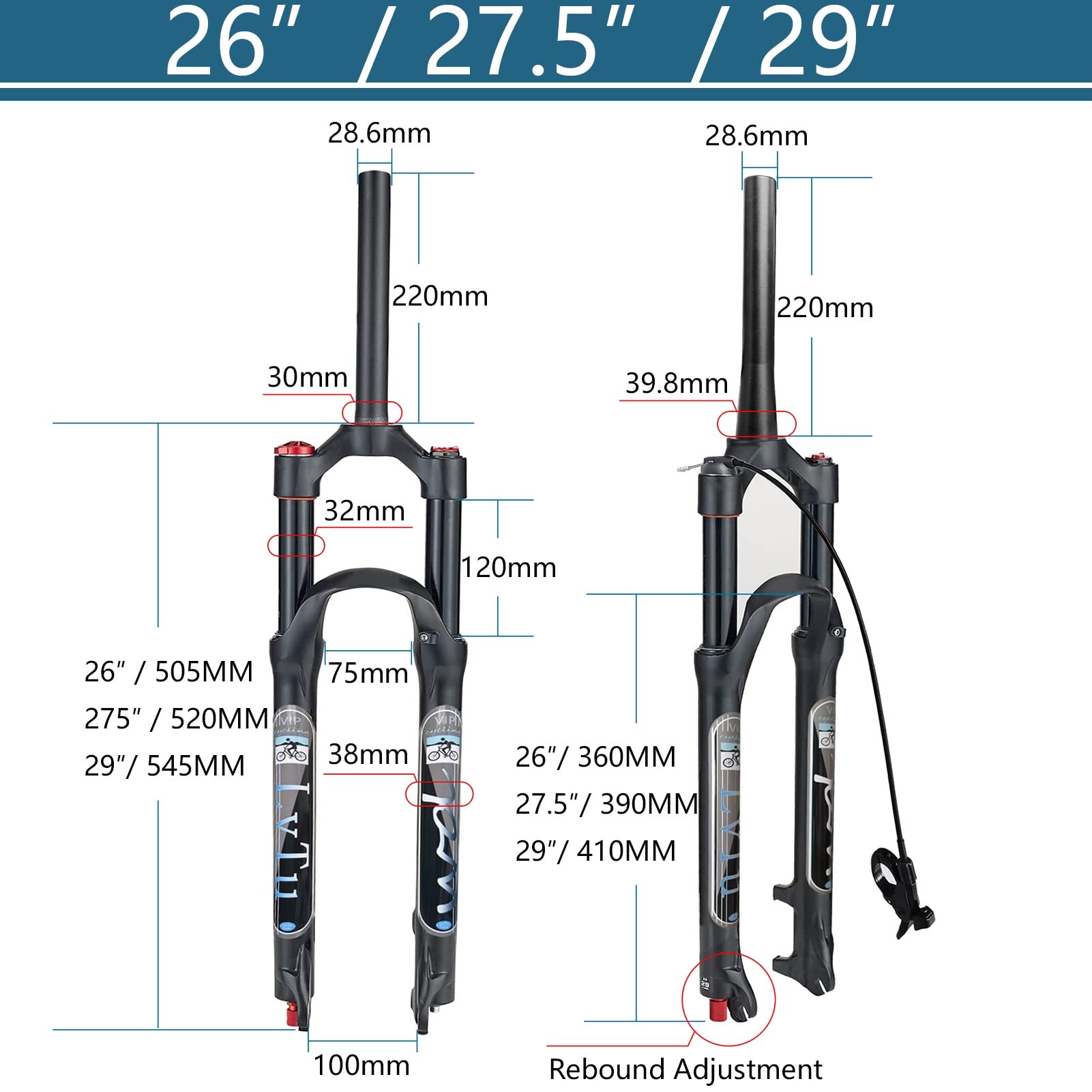 **Air Suspension Fork 26/27.5/29 Inch 120mm Travel, Rebound Adjustable, 1-1/8
