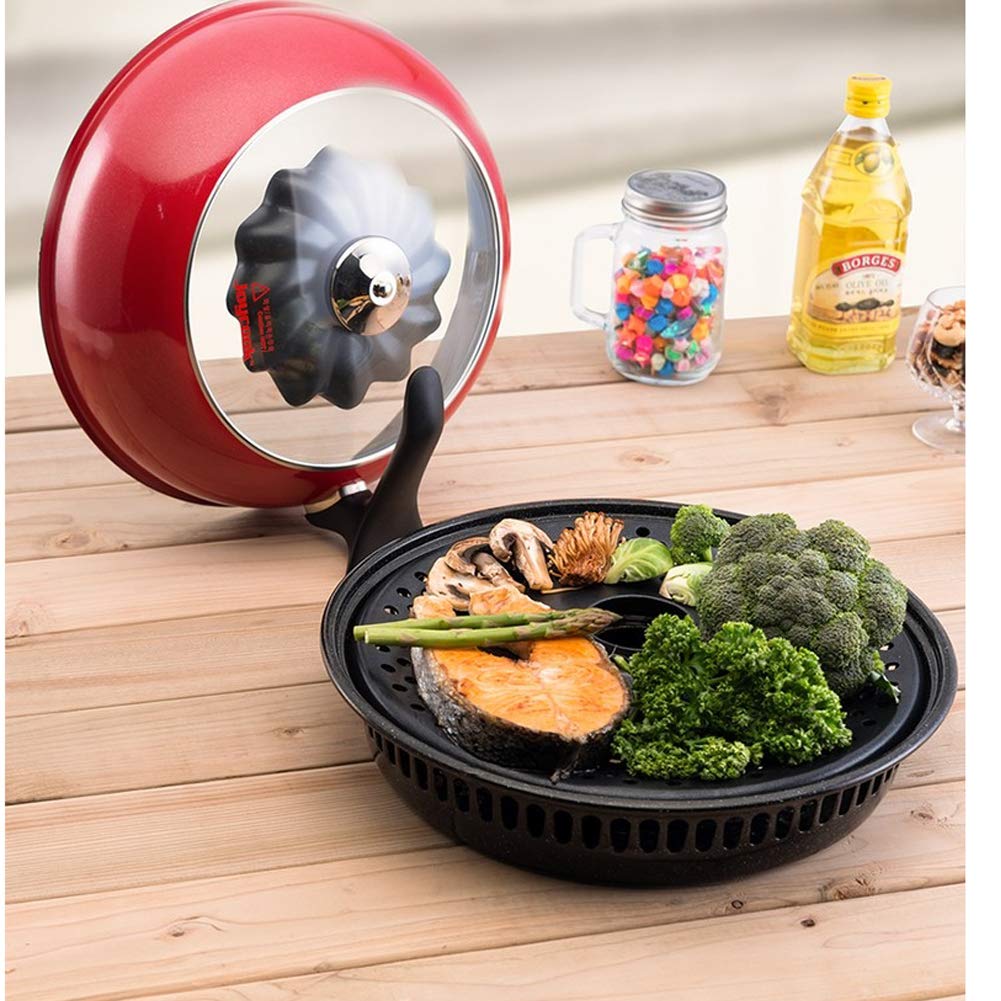 Joycook 13-inch Smokeless BBQ Grill Pan for Gas Stove - Wide Direct Flame Fire Oven for Meat, Fish, Chicken - Korean Style Kitchen Grill - Perfect for Indoor/Outdoor Cooking, Camping & Backyard BBQs (Red)