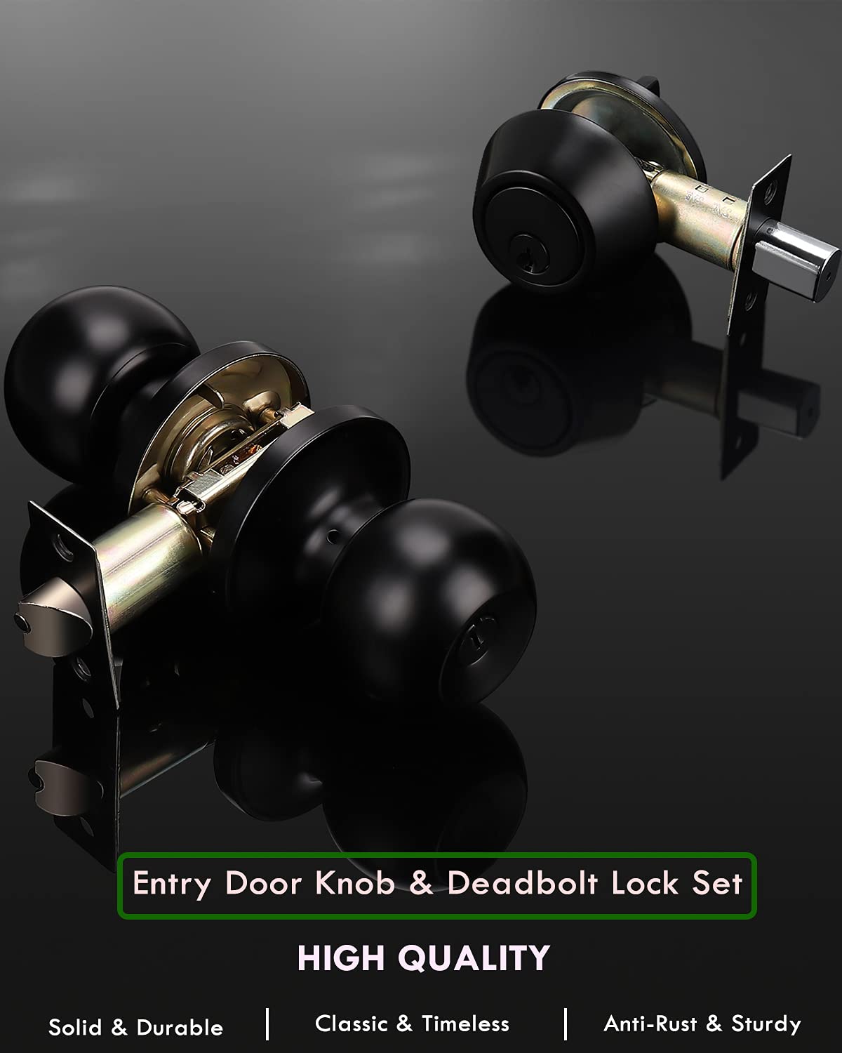 5-Pack Keyed Alike Entry Door Knob & Deadbolt Lock Set - Flat Black Round Knobs for Exterior/Front Doors - Perfect for Home Security & Easy Key Management (Ideal for Apartments, Rental Properties & Multi-Door Homes)