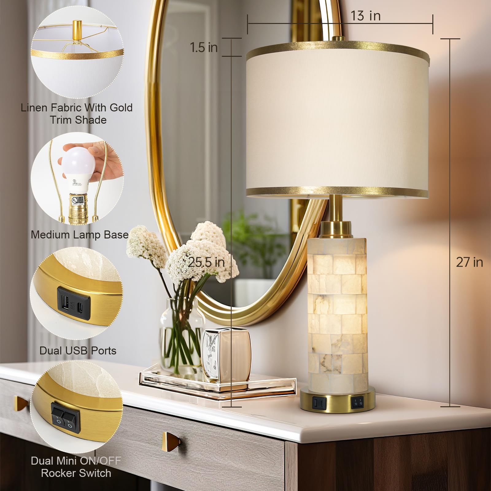 Natural Alabaster Nightstand Lamp Set of 2 - USB Charging Ports, Linen Shade, Warm White Light - Perfect for Bedroom, Living Room, Home Office, Hotel & Bar Decor