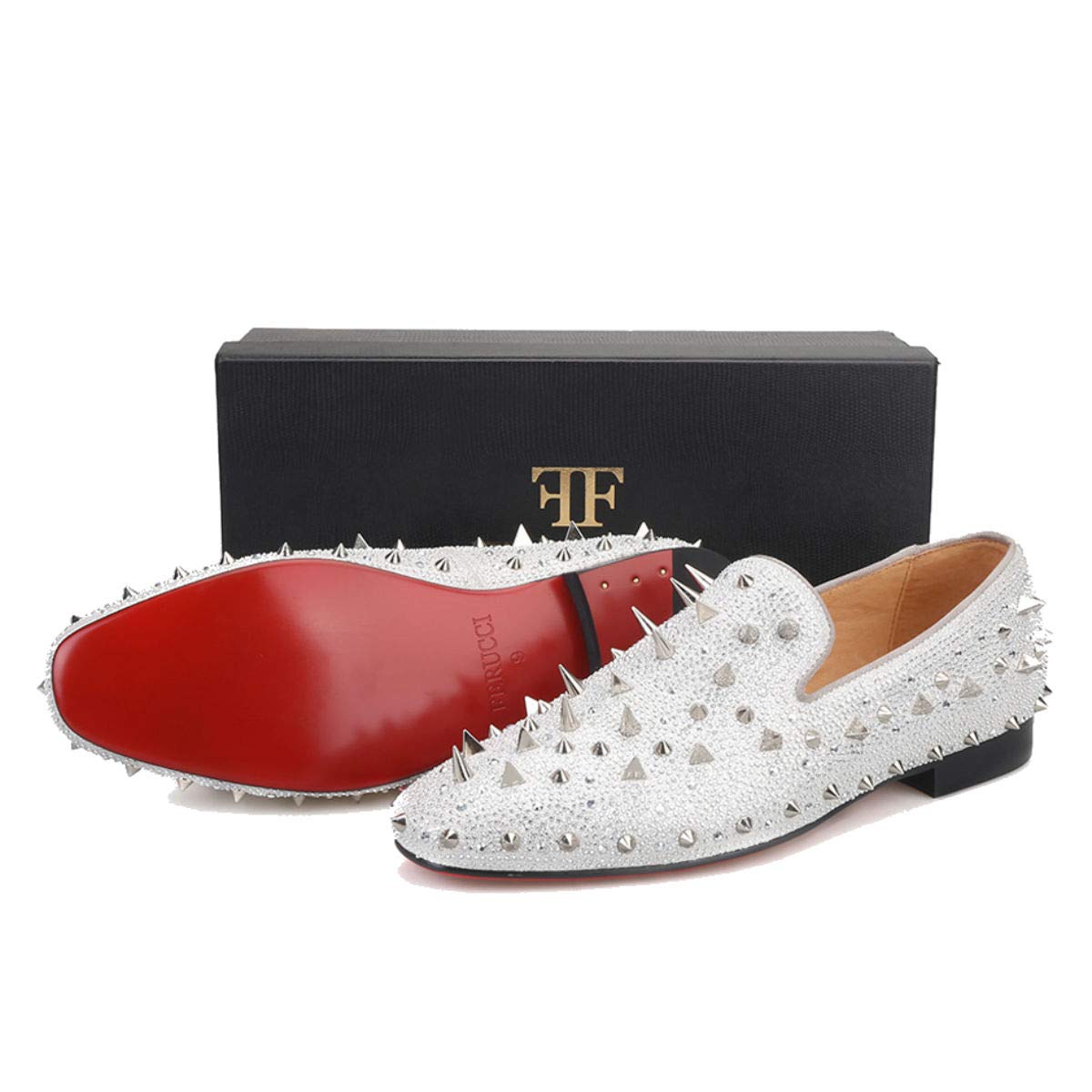 FERUCCI Men's Silver Spiked Loafers with Crystal Rhinestones - Stylish Comfort for Casual Wear & Evening Events