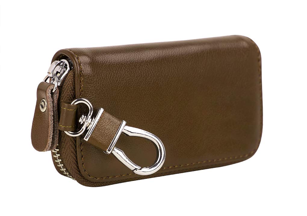 Genuine Leather Key Holder Case - Compact Zipper Pouch for Smart Car Keys, Coins & Wallet - Keychain Hook & Tags - Brown - Perfect for Travel, Daily Use & Organizing Essentials