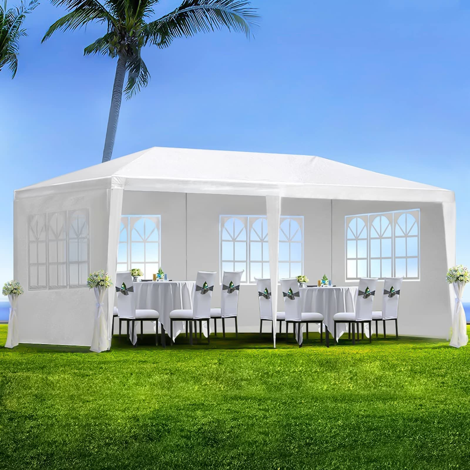 10'x20' Outdoor Party Tent with 4 Sidewalls & Transparent Windows - Waterproof Wedding Canopy Gazebo with UV Protection for Catering Events, Backyard Gatherings & Outdoor Weddings