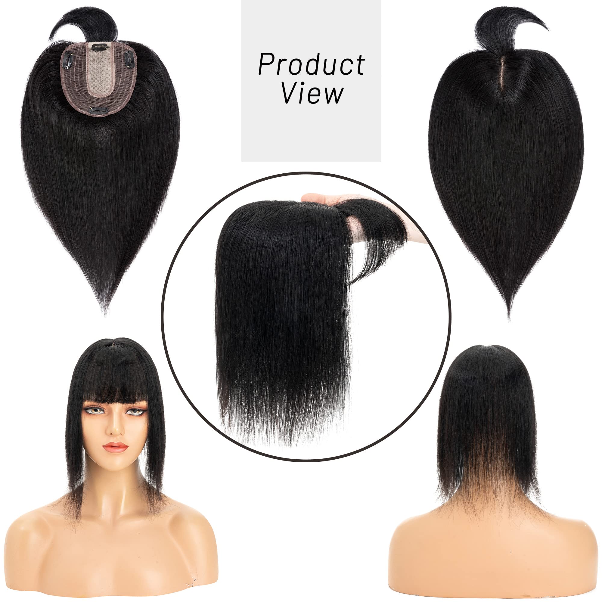 S-noilite 130% Density Human Hair Toppers with Bangs - Hand Tied Silk Base Clip-In Topper for Women with Thinning Hair & Hair Loss - Gray Hair Cover - 12 Inch 40g Jet Black - Perfect for Daily Wear, Parties & Special Occasions