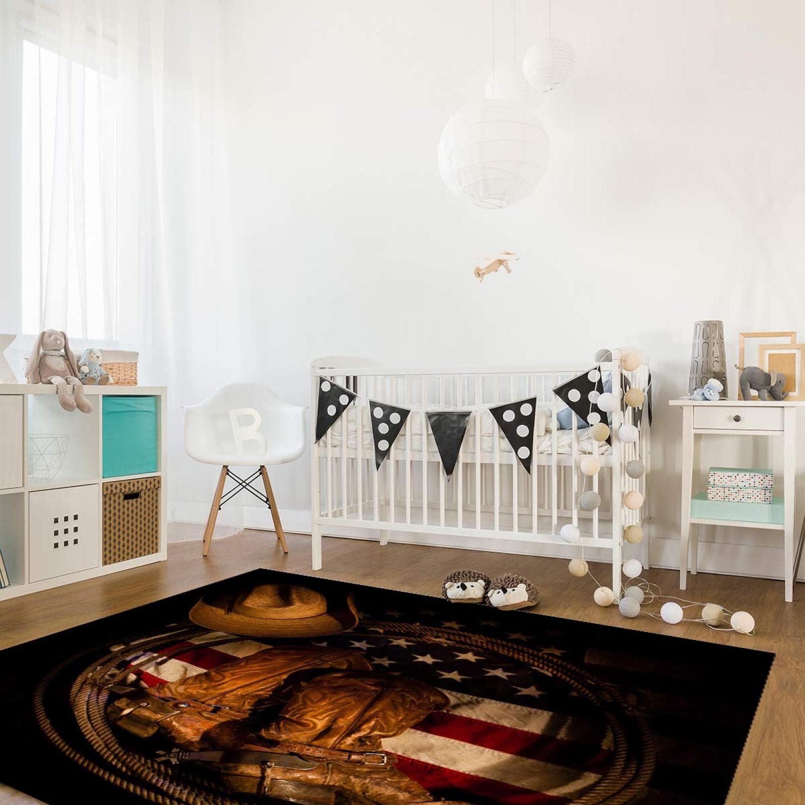 Western Cowboy Boots & Hat Area Rug - American Flag Soft Washable Carpet for Kids Nursery, Bedroom, Living Room - 6' x 4' Cowboy Decor Rug for Boys & Girls - Perfect for Western Themed Rooms, Play Areas & Home Decor