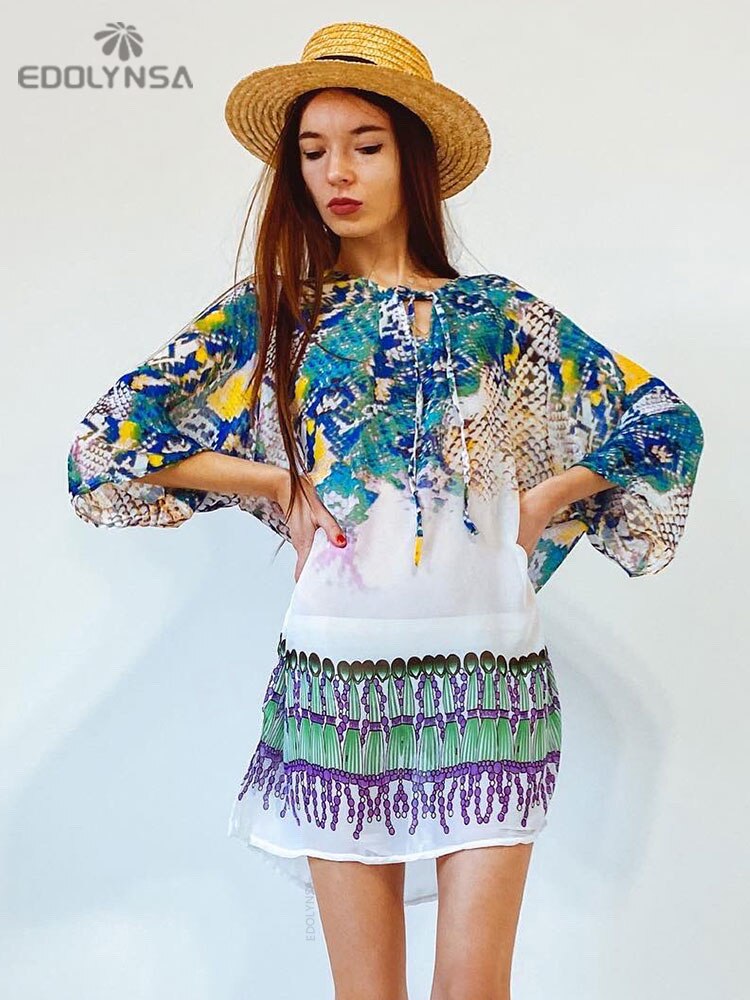 Women's Beach Caftan Cover Up - Flowy Chiffon Swimsuit Cover Up with Tropical Print - Lightweight Pareo & Beach Robe for Pool, Vacation & Summer Outings