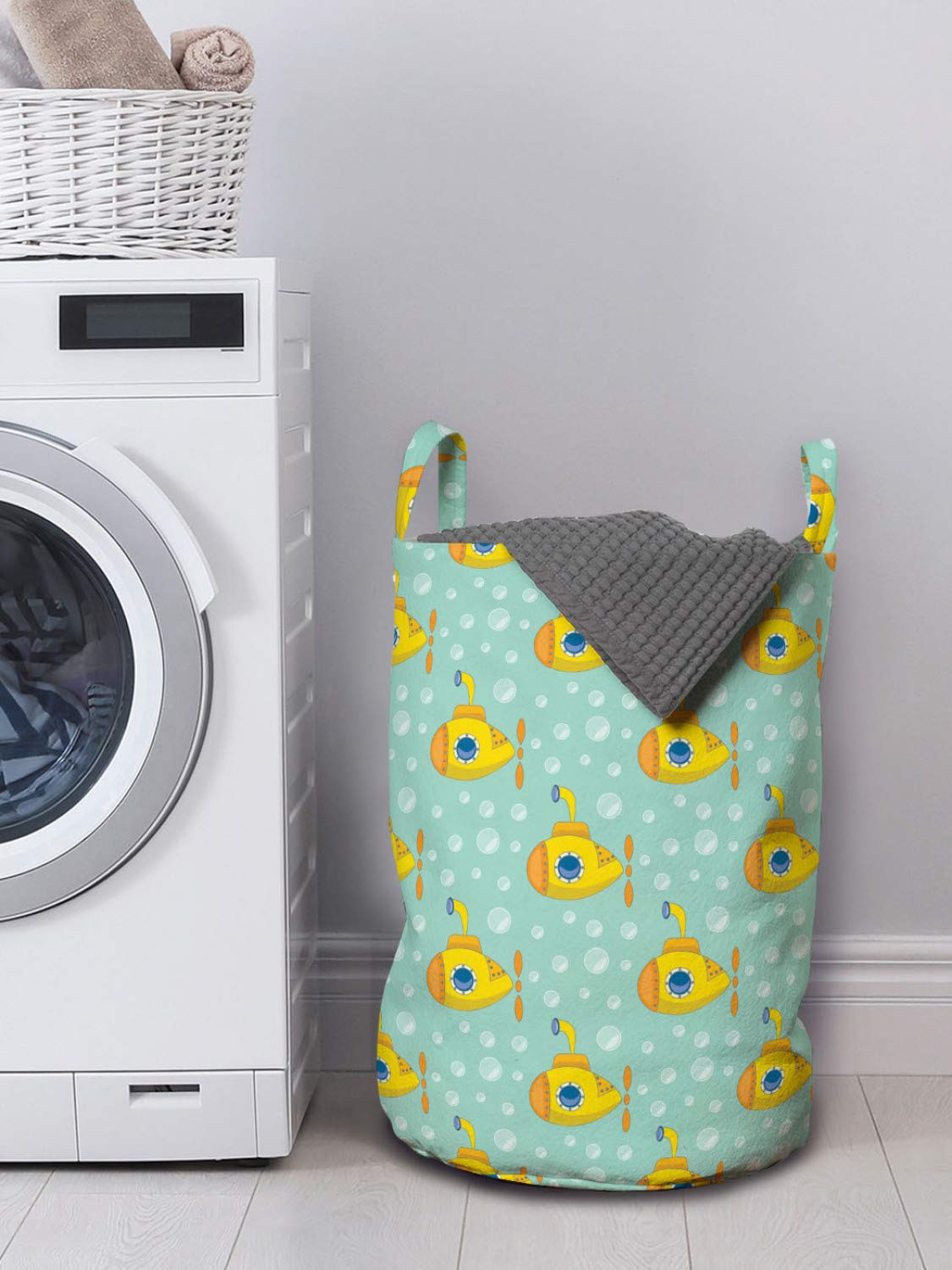 Ambesonne Yellow Submarine Laundry Bag - Nautical Themed Hamper with Drawstring Closure & Handles, 13