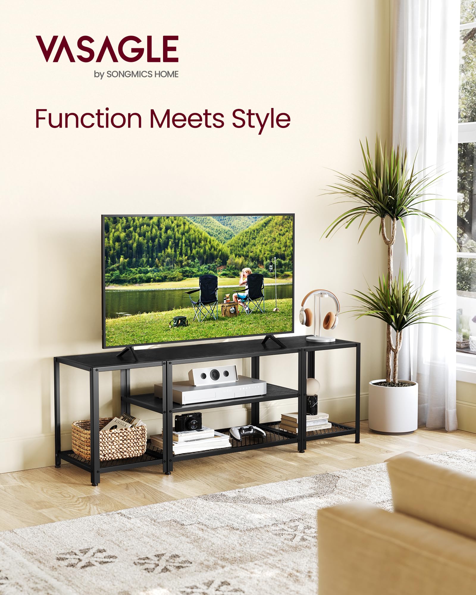 VASAGLE 65 Inch Modern TV Stand, 3-Tier Industrial Entertainment Center with Open Storage Shelves - Wood Grain Black TV Console Table for Living Room & Bedroom - Perfect for Home Theater Setup & Media Storage Organization