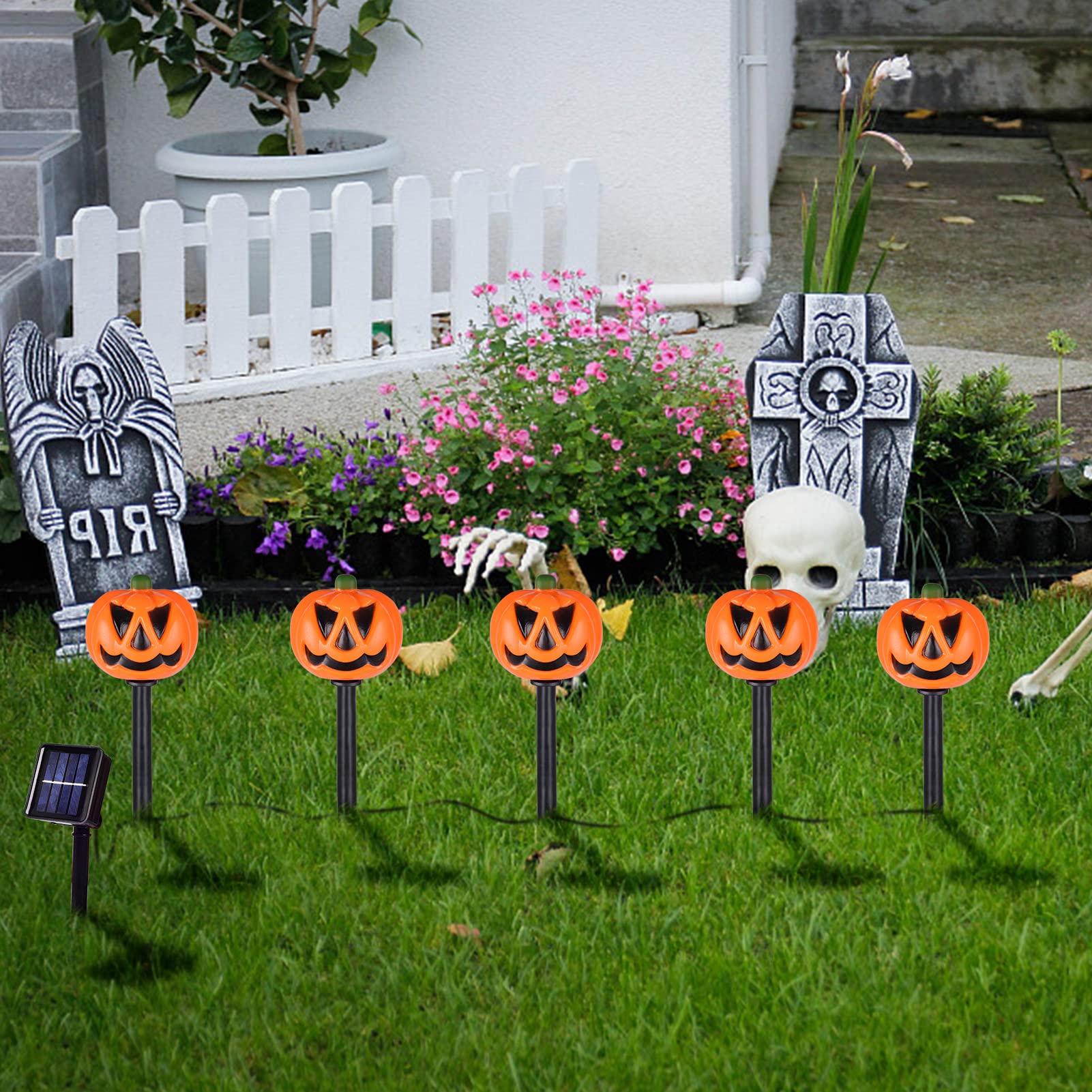 10 Pack Solar Halloween Pumpkin Stake Lights - Waterproof Outdoor Garden & Yard Decorations for Halloween Party, Pathway, Porch, and Patio Lighting