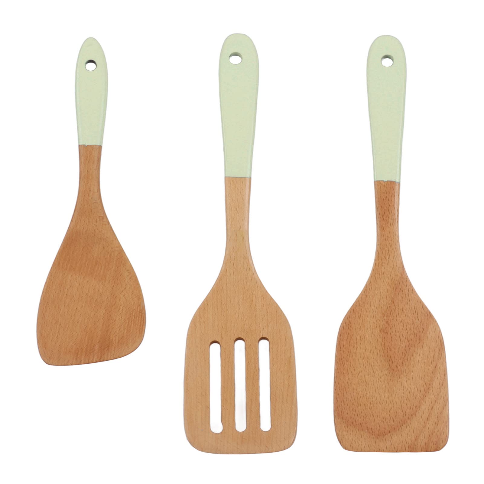 NIKOU 3Pcs Wooden Spatula Set - Heat Resistant Beech Cooking Utensils for Non-Stick Pans, Baking & Stirring - Eco-Friendly Kitchen Tools for Home Cooking (Green) - Perfect for Sauteing, Flipping Pancakes & Mixing Ingredients