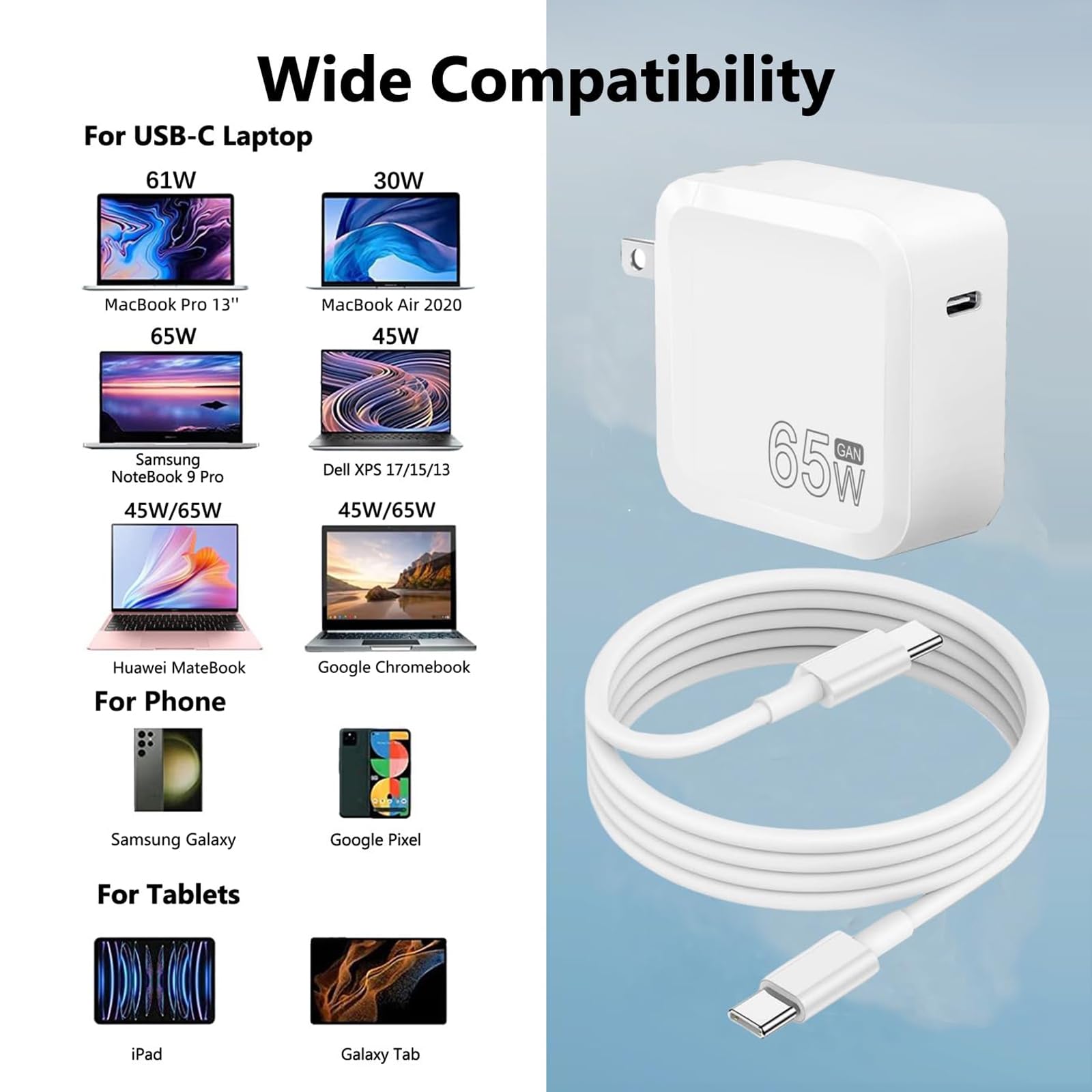 65W USB C Fast Charger for MacBook Pro/Air, 13/14/15/16 Inch Laptops, iPad, iPhone 14 Pro & All USB-C Devices - Includes 5.9ft USB-C to C Cable - Perfect for Travel, Office & Home Use