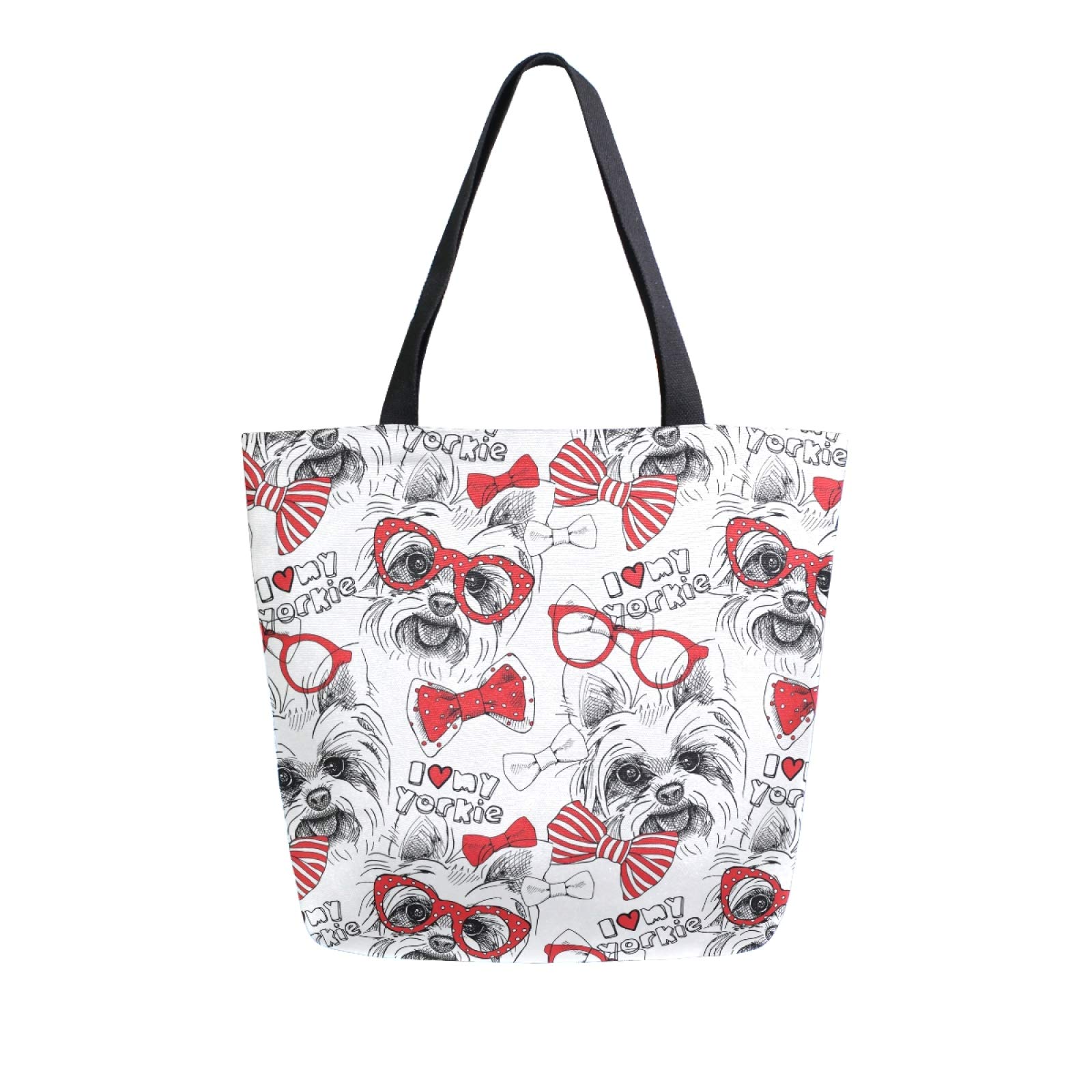 Yorkshire Terrier with Red Bow Tie & Sunglasses Print Reusable Canvas Tote Bag - Large Grocery Shopping Bag for Women, Eco-Friendly Casual Shoulder Handbag (Perfect for Grocery Shopping, Travel & Outdoor Activities)