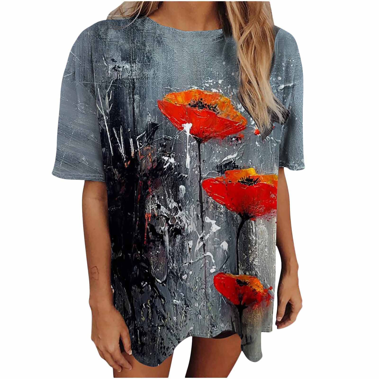 Women's Vintage Floral Print Oversized Graphic T-Shirts - Crew Neck Short Sleeve Tie-Dye Fashion Tops for Casual Wear, Summer Outfits & Street Style