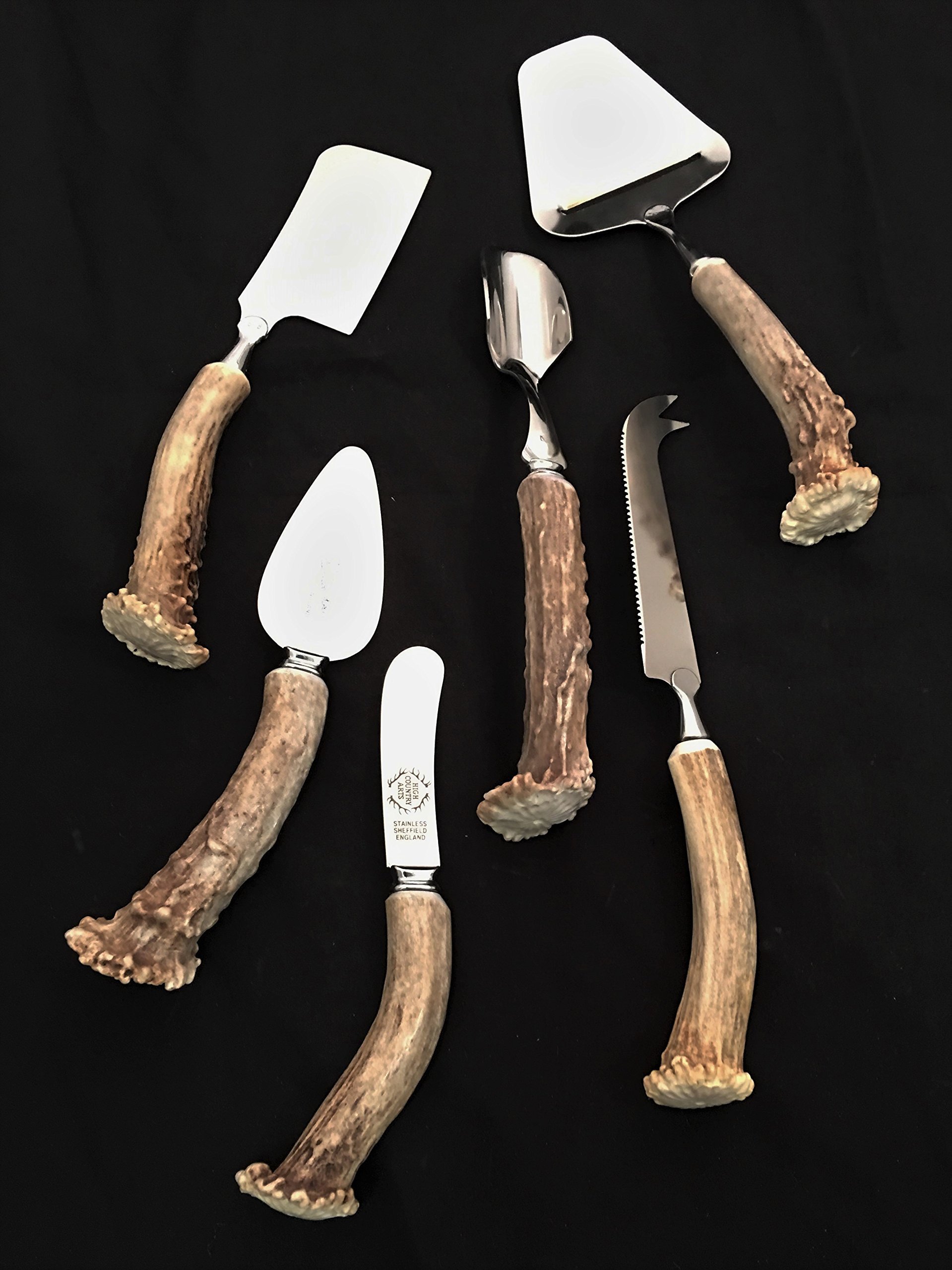 6-Piece Antler Handle Cheese Knife Set - Stainless Steel Blades with Wooden Stand - Perfect for Charcuterie Boards, Wine Parties & Gourmet Cheese Platters