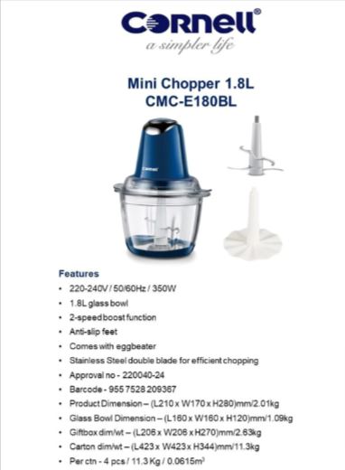 Cornell 1.8L Mini Food Chopper CMCE180BL - Compact Electric Kitchen Appliance for Chopping Vegetables, Nuts & Herbs - Perfect for Meal Prep, Salsa & Dips