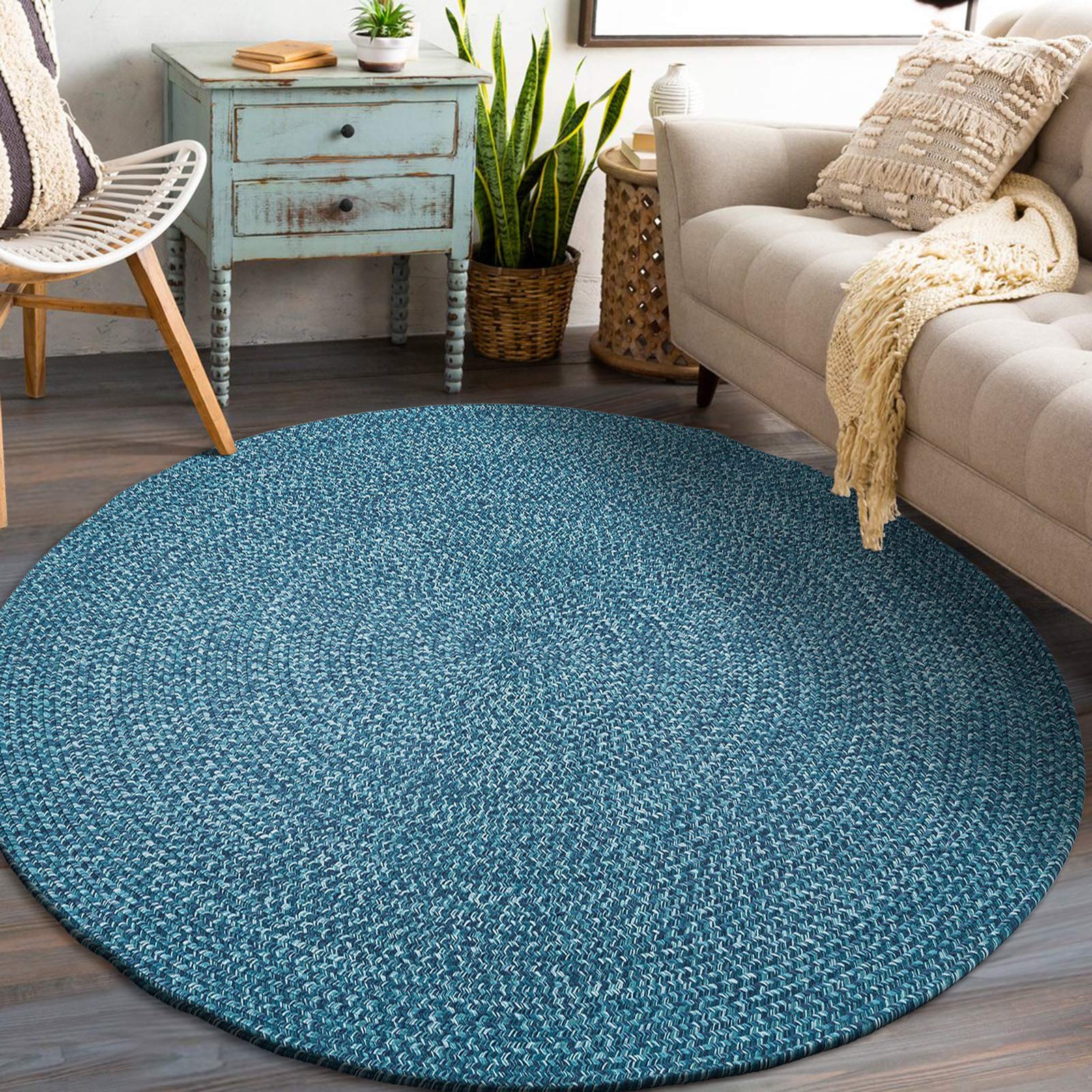 DECOMALL Azure Braided Indoor Outdoor Area Rugs - 8' x 8' Round Blue Rug for Patio, Deck, Living Room & Bedroom | Waterproof & Durable Floor Mat for Home Decor