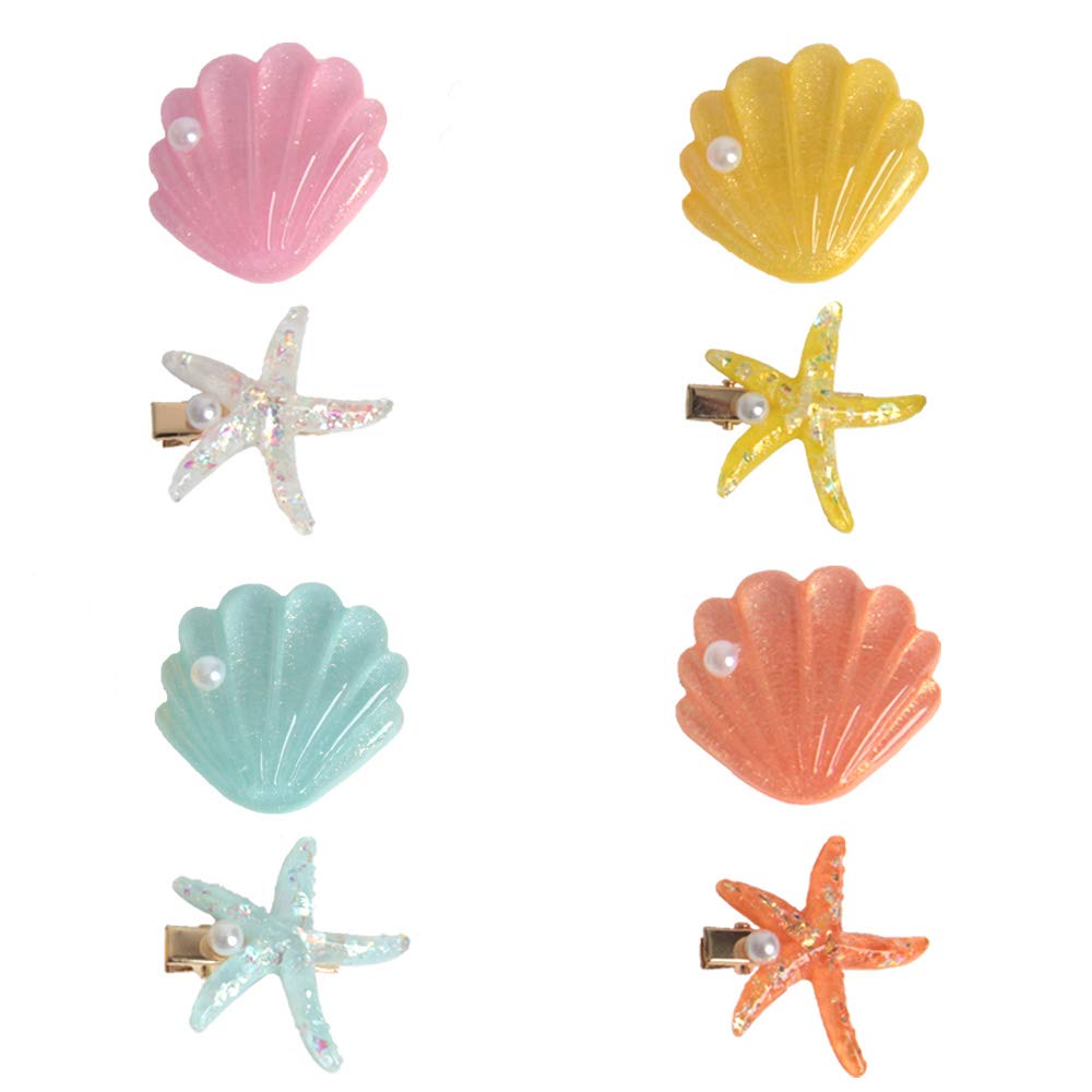 4 Packs Shell Pearl Starfish Hair Clips Set - Fashion Sweet Beach Hair Accessories for Women, Acrylic Resin Alligator Clips with Faux Pearl Inlay - Perfect for Summer Vacations, Beach Weddings & Boho Styling
